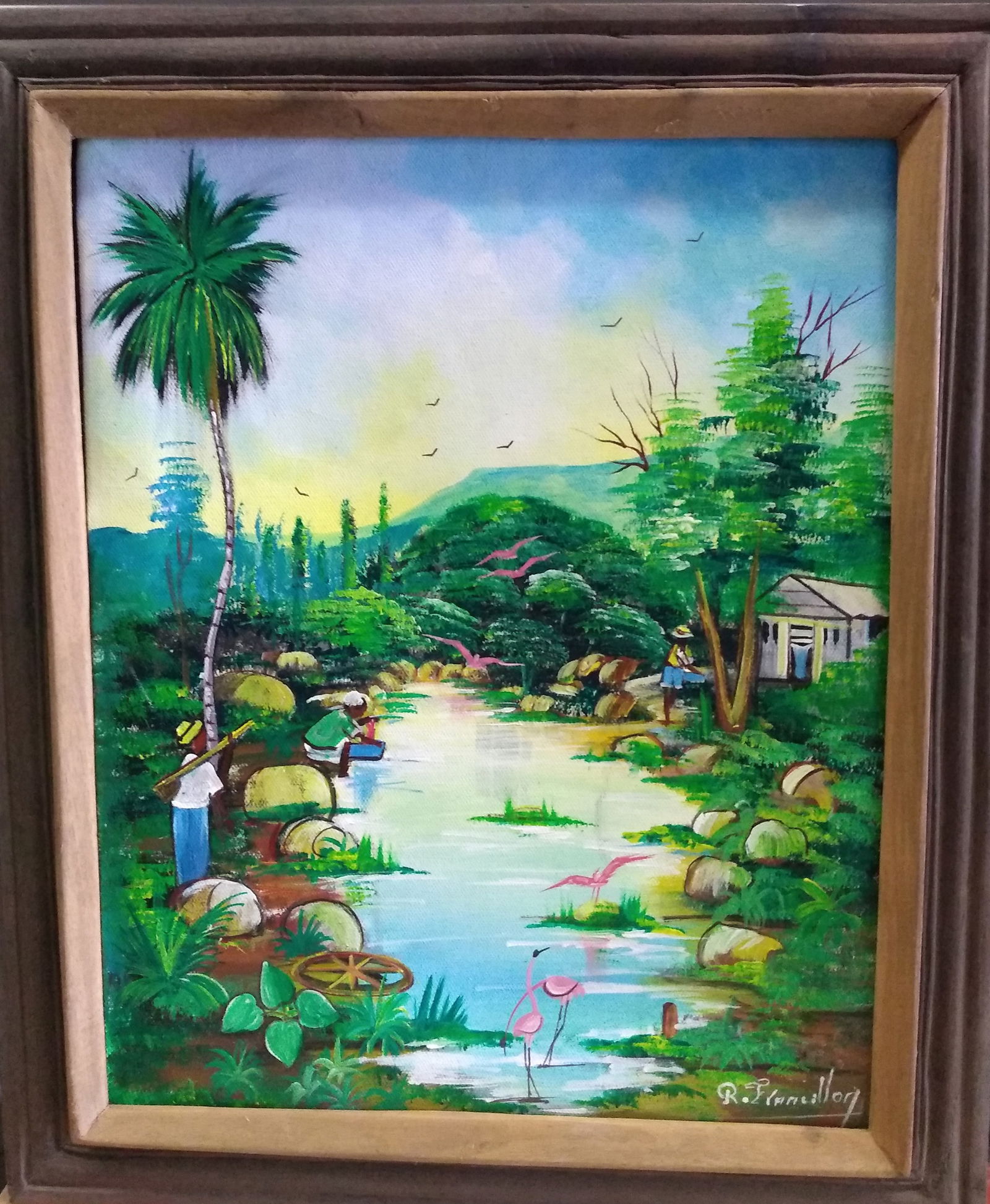 Pink Birds in a Stream Original Haitian Painting by Rigaud Francillon: Pink Birds in a Stream Original Haitian Painting by Rigaud Francillon Acrylic on canvas Framed