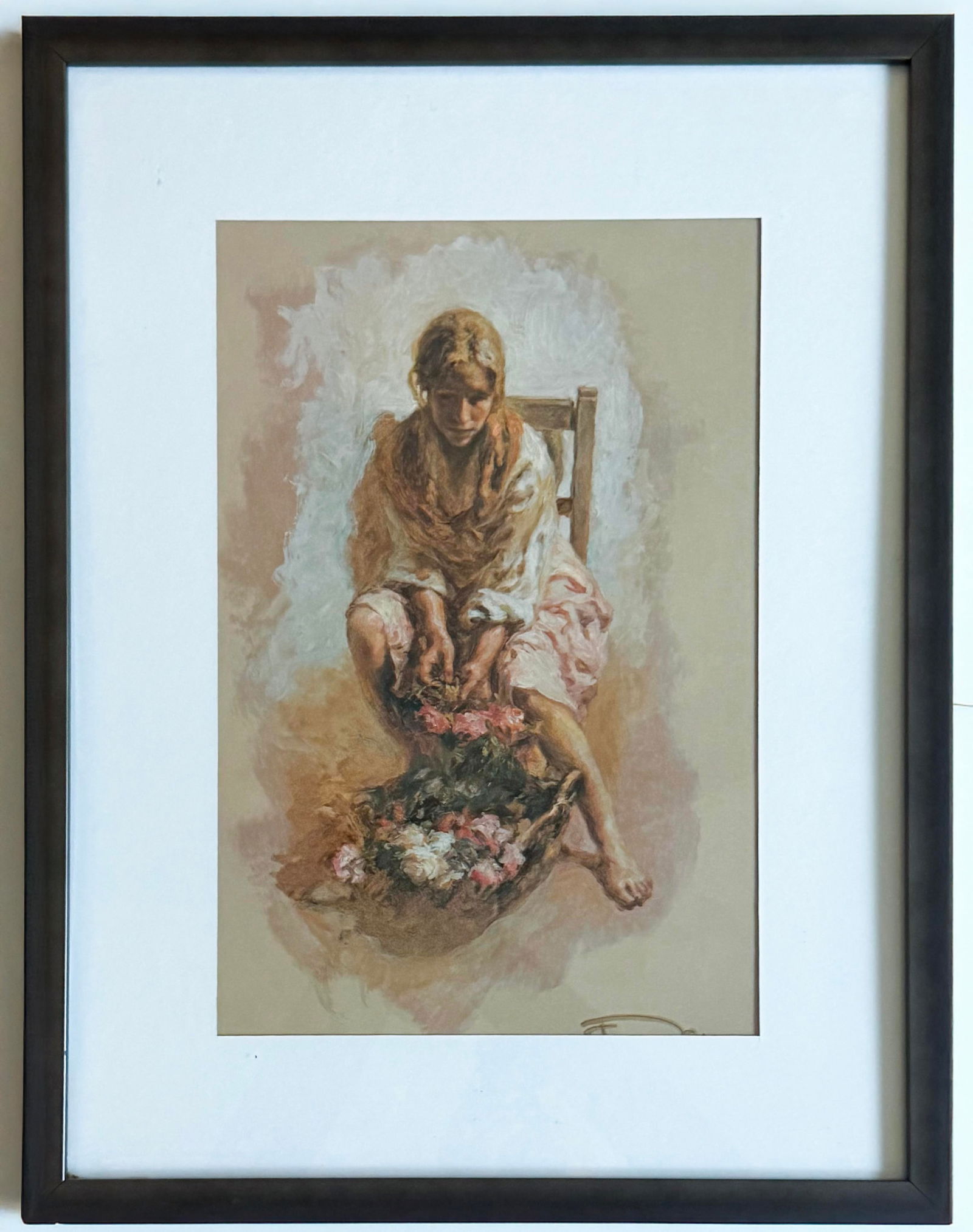 Reposo by Jose Royo: Limited edition serigraph (silkscreen print, possibly mixed media or hand-embellished) by renowned Spanish artist Jose Royo (b. 1941, Valencia, Spain), titled "Nina con Manzana" (Girl/Boy with Apple)