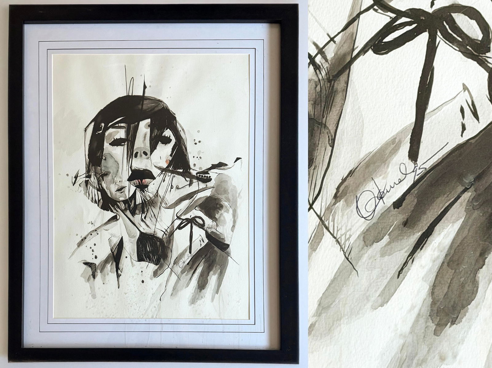 Contemporary Ink Wash Watercolor – Abstract Portrait of Woman with Bow, Signed "Odimul," Framed (1 of 1)