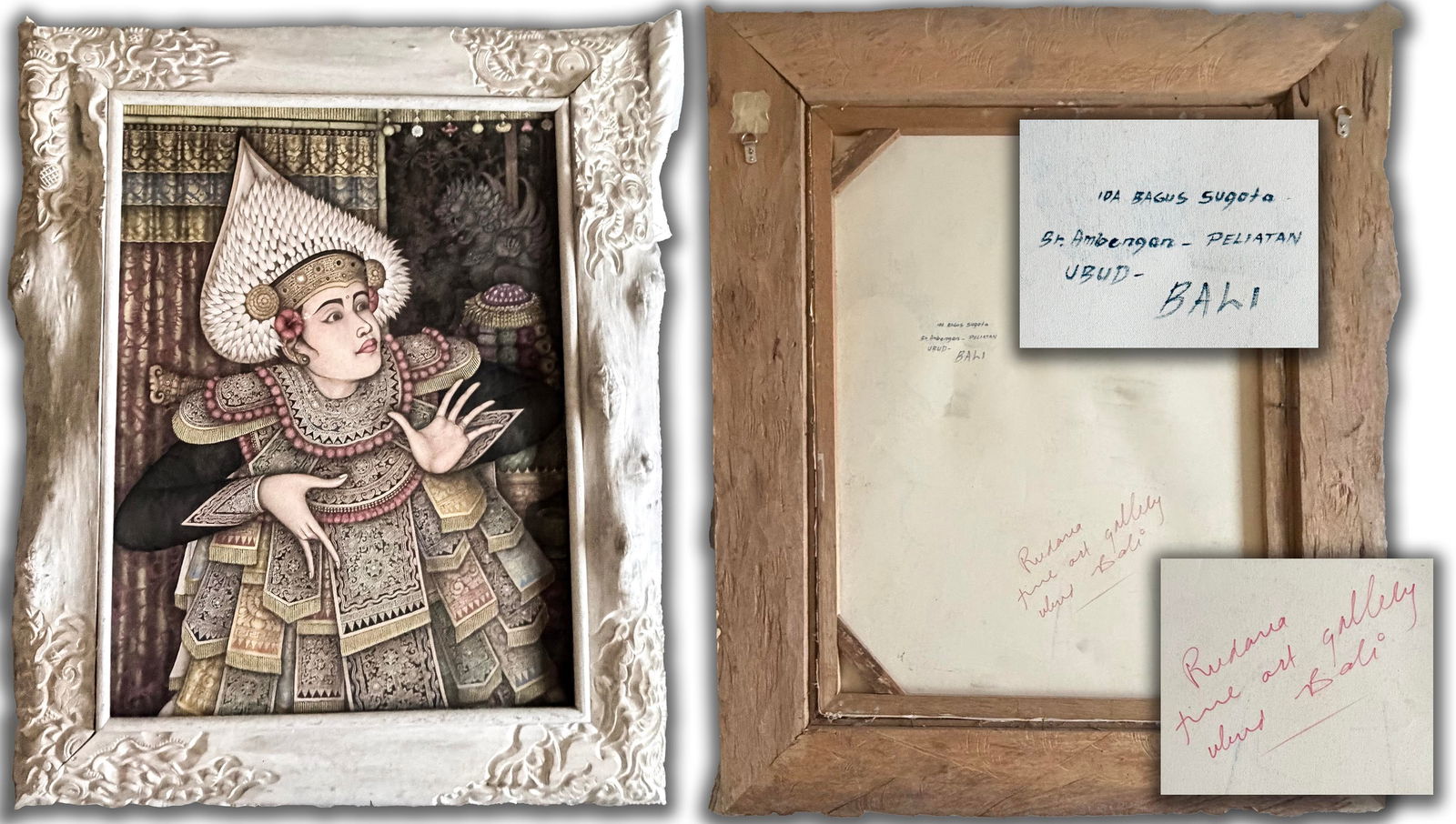 Temple Dancer by Ida Bagus Sugata: Ida Bagus Sugata Balinese Batik Painting – Temple Dancer in Ornate Costume, Signed, Rudana Gallery Provenance, Handmade Frame (45 x 39 in)Description:Original Balinese batik painting on fabric (wax-