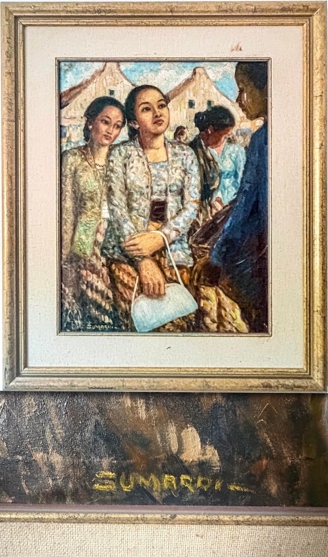 Indonesian Woman by Sumardi: Sumardi Original Oil Painting – Indonesian Women in Village Scene, Signed, Javanese Cultural Portrait (35 x 29 in)Description:Original oil painting (on canvas or board) by Indonesian artist Sumardi