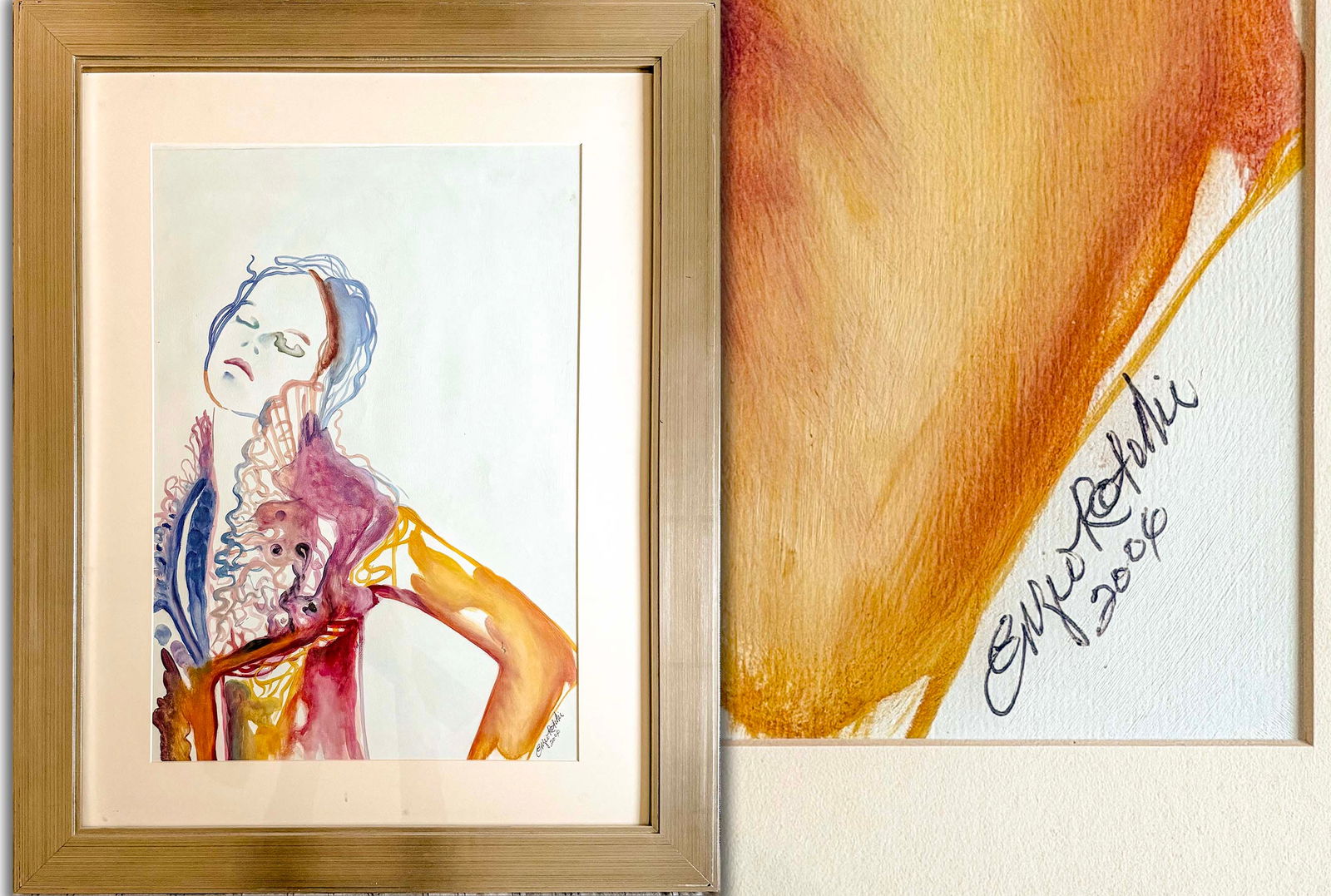 Fashion Illustration by Enzo (enji): Enji Rotini (or Enzo Rotini variant) Original Watercolor – Expressive Semi-Abstract Female Portrait, Signed & Dated 2006, Vibrant Colors (35 x 29 in)Description:Original watercolor (with possible go