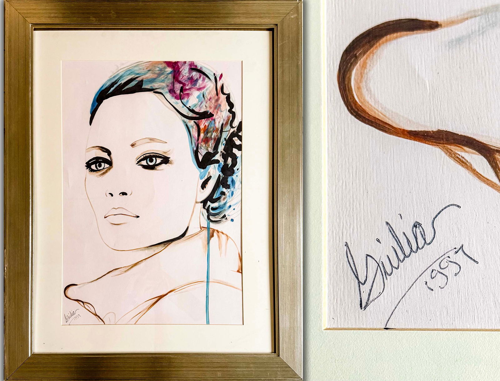 Giulia Original Ink & Watercolor Portrait: Giulia Original Ink & Watercolor Portrait – Glamorous 1950s Woman with Floral Updo, Signed & Dated 1957 (37 x 29 in)Description:Original ink and watercolor (or mixed media drawing) on paper by artis