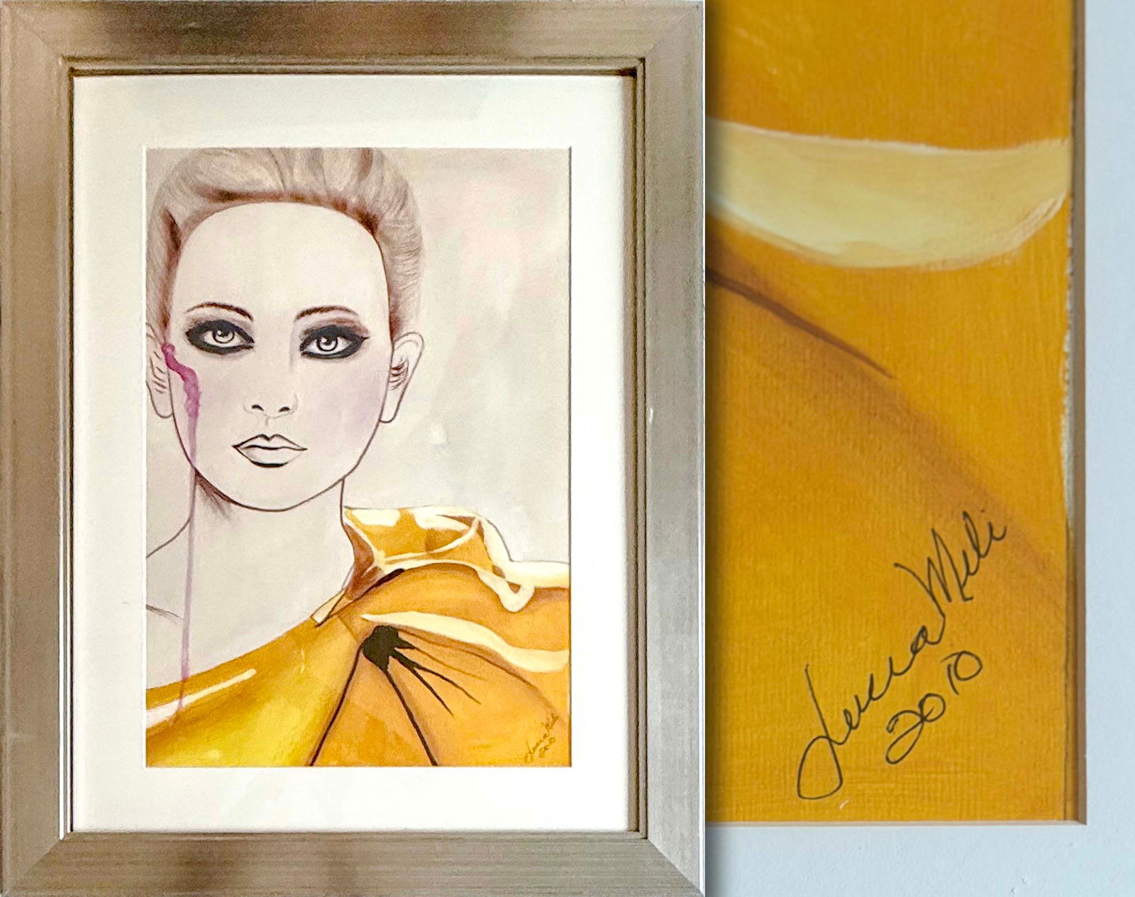 Juana Mili Original Mixed Media Portrait: Juana Mili Original Mixed Media Portrait – Dramatic Woman in Yellow Attire, Signed & Dated 2010 (approx. 37 x 29 in Framed)Description:Original mixed media drawing (ink line with watercolor/gouache