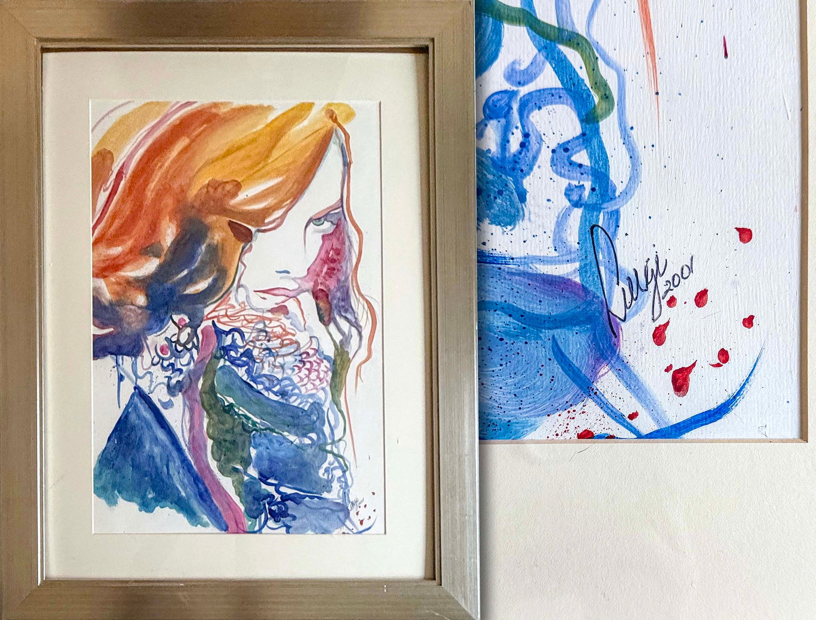 Luigi Original Watercolor: Luigi Original Watercolor – Abstract Expressive Female Profile Portrait, Signed & Dated 2004, Vibrant Colors (37 x 29 in Framed)Description:Original watercolor (possibly with ink or mixed media acce