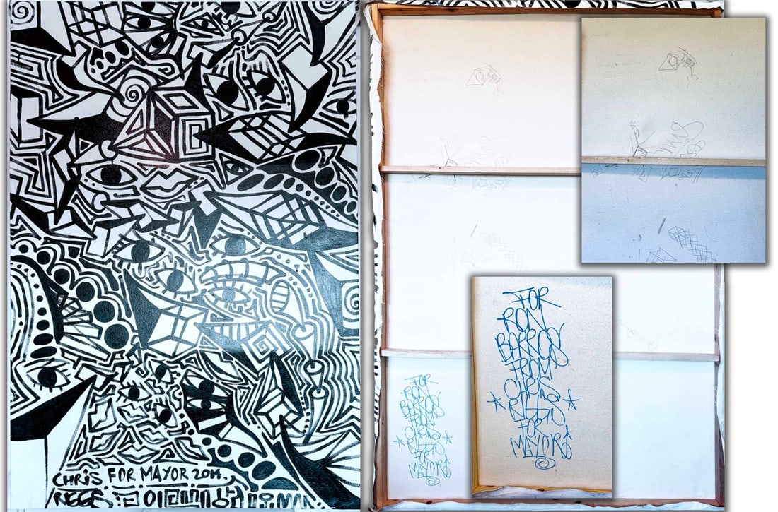 Chris Riggs "Chris for Mayor 2014" – Original Acrylic on Canvas, Hand-Signed, Dense: Chris Riggs "Chris for Mayor 2014" – Original Acrylic on Canvas, Hand-Signed, Dense Black-and-White Abstract/Street Art (Dimensions Not Specified; Approx. Based on Images)Description:Original acryli