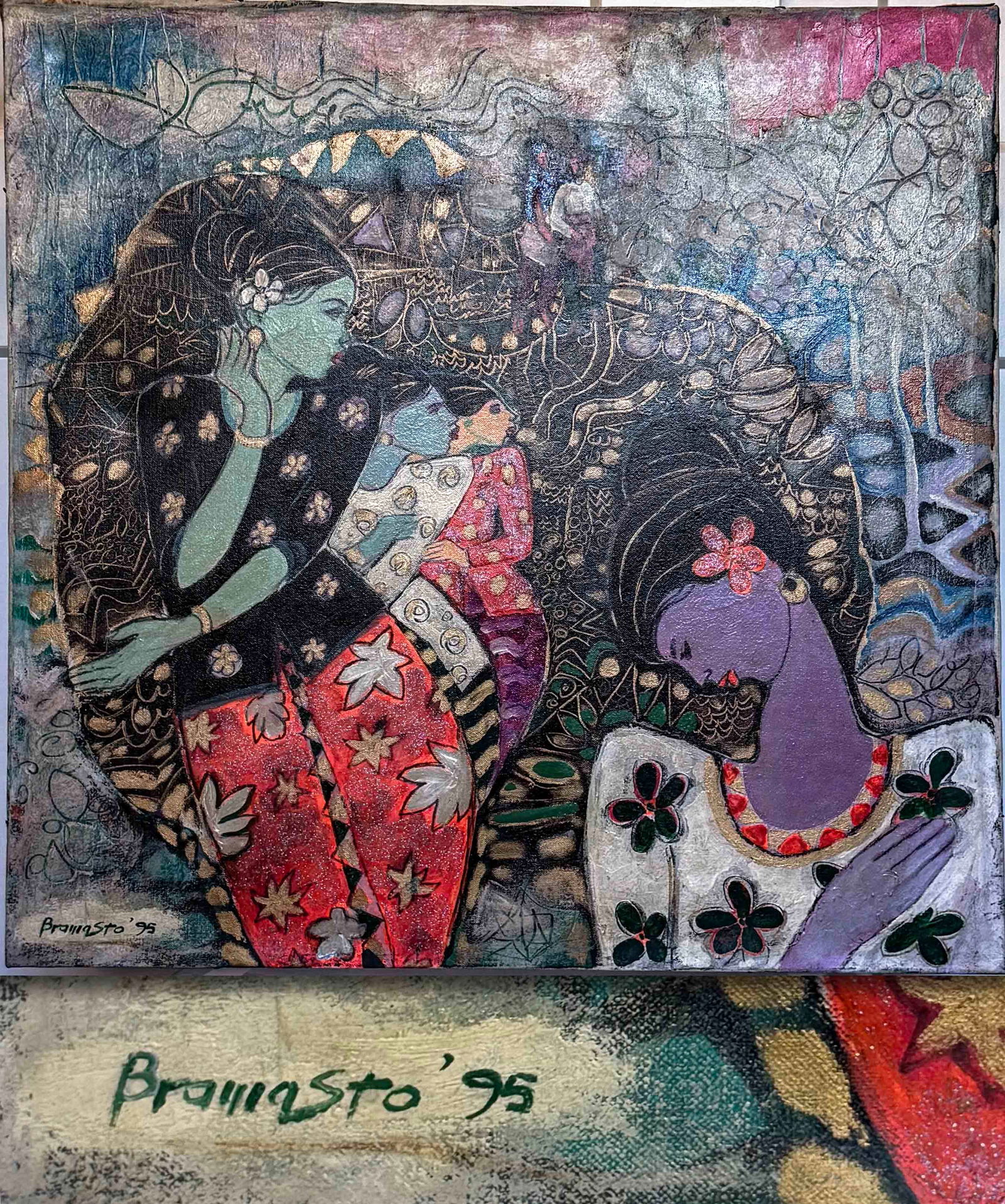 2 Women by Bramasto: Bramasto (Indonesian, 1929/1939–1997) – "2 Women," Acrylic Mixed Media on Canvas, Signed and Dated 1995Description:A captivating and richly textured original painting titled "2 Women" (or depictin