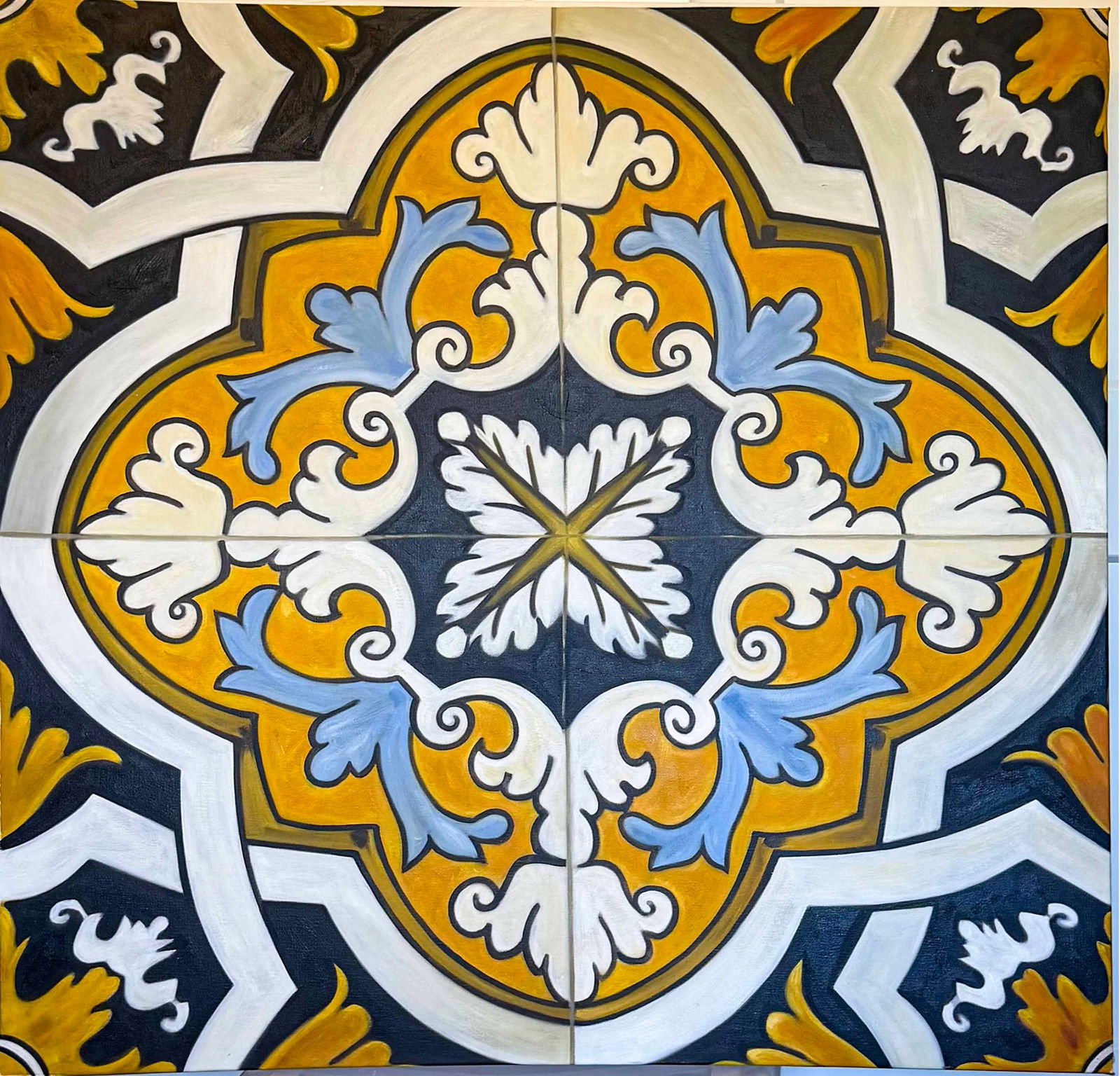 Bramasto (Indonesian, 1939–1997) – Untitled (Ornamental Floral Tile Design / Mandala Pattern),: Bramasto (Indonesian, 1939–1997) – Untitled (Ornamental Floral Tile Design / Mandala Pattern), Acrylic Mixed Media on Canvas, Signed, circa 1990s 40 x 40 in.