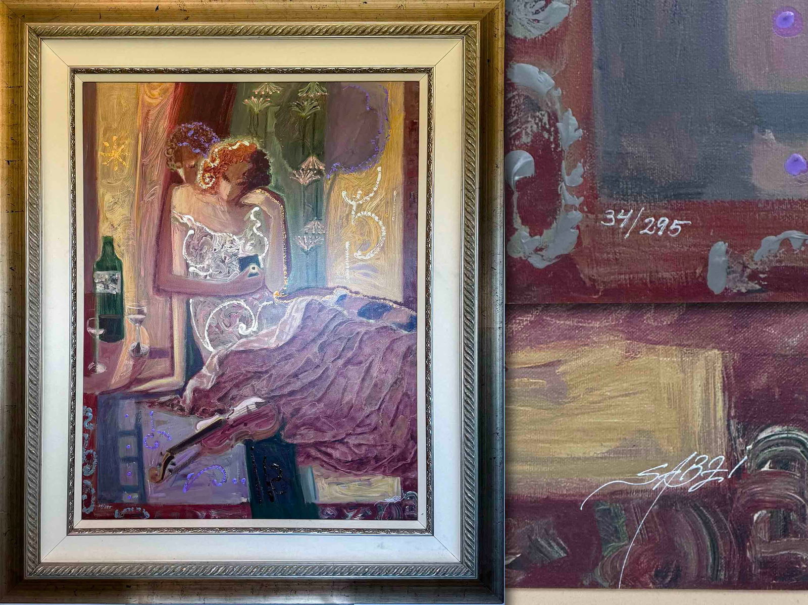 Untitled (Romantic Intimate Scene / Couple in Repose), Limited Edition Giclée on Canvas,: Sabzi (Mahmood Sabzi, Iranian b. 1951) – Untitled (Romantic Intimate Scene / Couple in Repose), Limited Edition Giclée on Canvas, Hand-Signed and Numbered 34/295, FramedDescription:A romantic and l