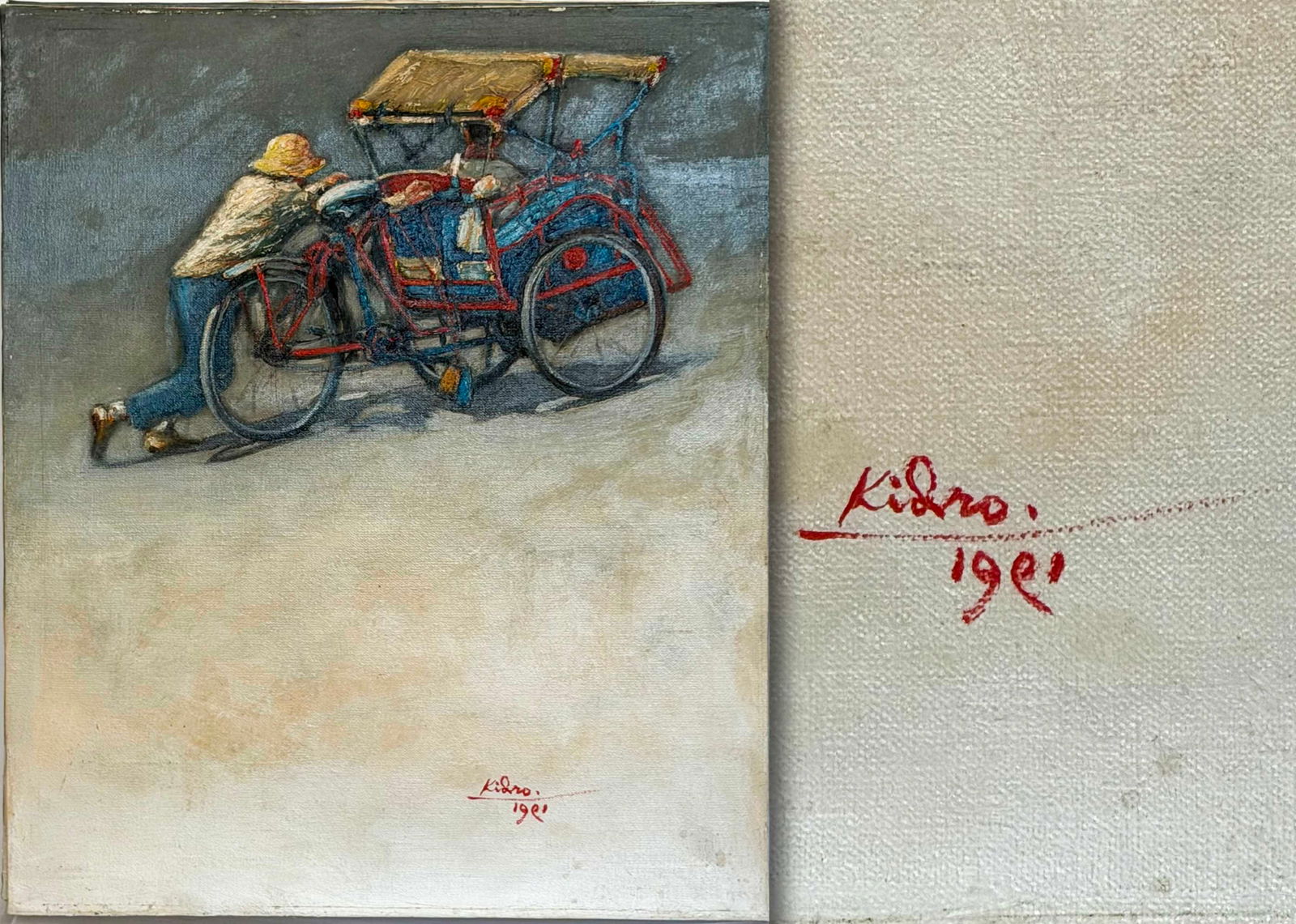 Kidro (Indonesian, b. 1935, Aceh) – "Rickshaw" (Becak Puller Scene), Oil on Canvas, Signed and: A poignant and evocative original oil painting by the Indonesian artist Kidro (born 1935 in Takengon, Tanah Gayo, Aceh), signed "Kidro. 1981" in red on the front lower left and additionally inscribed