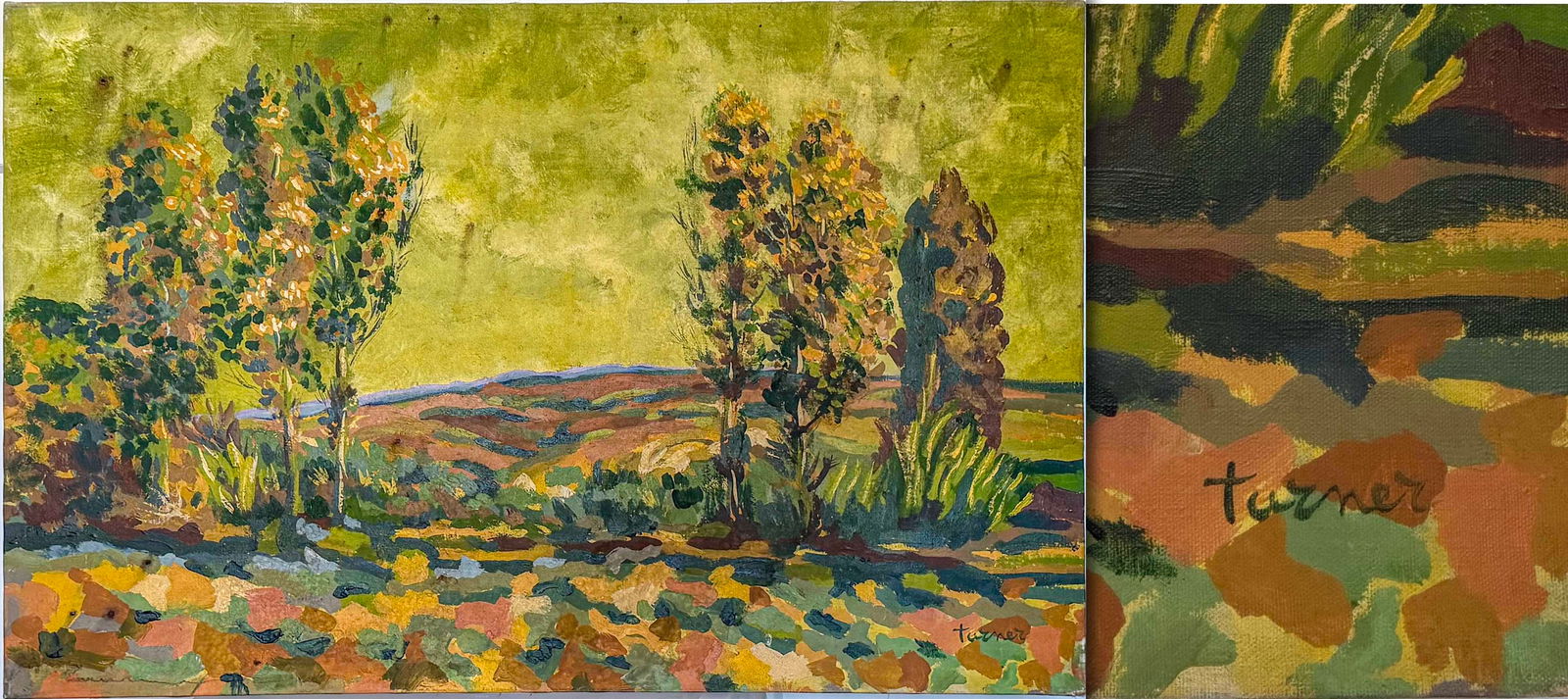 Untitled Landscape with Poplar Trees and Rolling Fields: Turner (likely Indonesian or Southeast Asian School, 20th Century) – Untitled Landscape with Poplar Trees and Rolling Fields, Oil on Canvas, Signed "turner"(approx. 28 x 23 inches, based on collecti