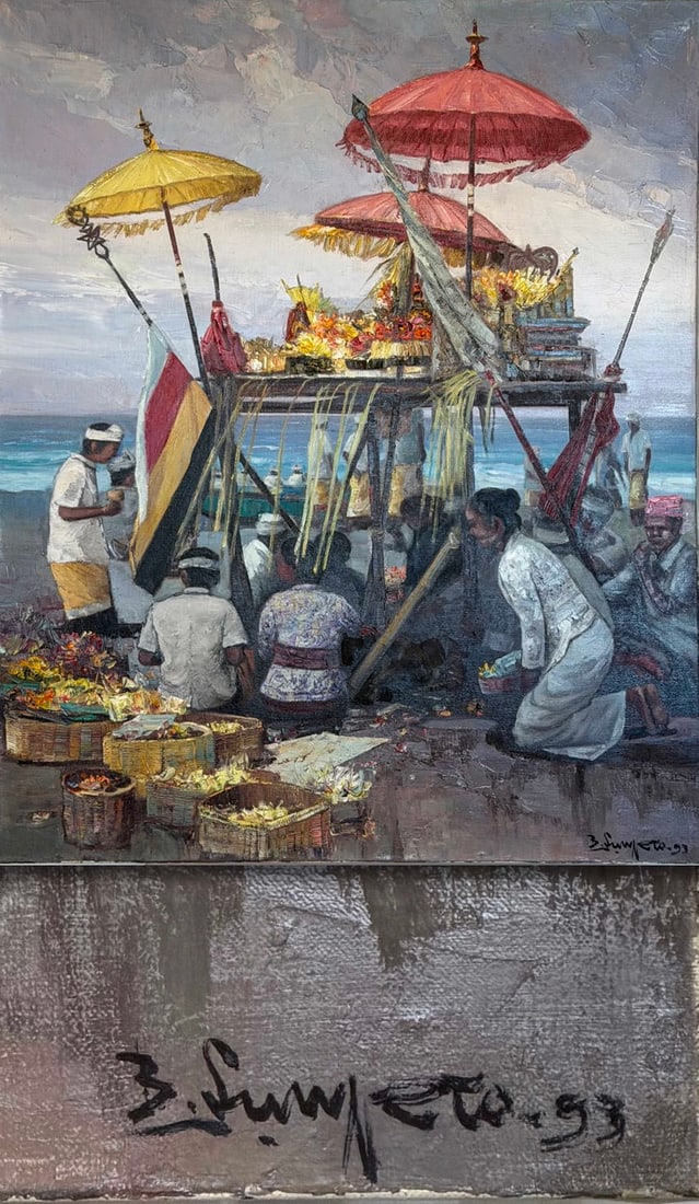B. Sumpeto (Indonesian, active 1990s) – "Melasti Ceremony" or "Beach Offering at the Sea": B. Sumpeto (Indonesian, active 1990s) – "Melasti Ceremony" or "Beach Offering at the Sea" (Traditional Balinese Ritual Scene), Oil on Canvas, Signed and Dated 1993(16 x 20 inches)Description:A beaut