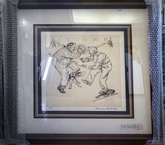 from Four Seasons Suite by Norman Rockwell: Autumn from Four Seasons Suite by Norman RockwellIs an original lithograph hand signed and is an artist proof. Image Measures 13 x 13 in.