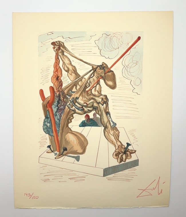 Divine Comedy Inferno Canto 29 Mohammed by Salvador Dali: Divine Comedy Inferno Canto 30 Gianni Schicchis Bite by Salvador DaliThis French edition is printed on smooth, cream BFK Rives paper. Salvador Dali created 100 illustrations for a commemorative