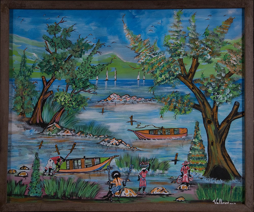 Two Boats in the River Original Haitian Painting by Valbrun: Two Boats in the River Original Haitian Painting by Valbrun Oil on Canvas Framed