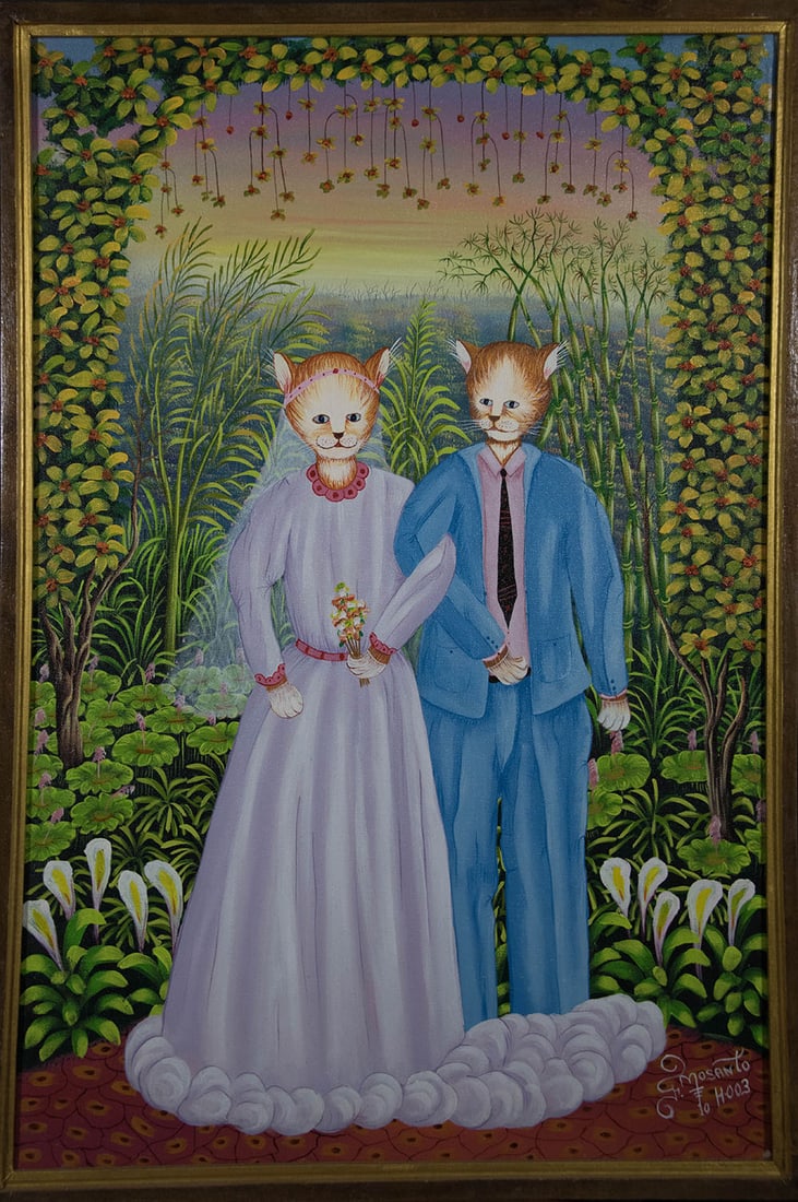 Cat Wedding Original Haitian Painting by Fritz Mosanto: Cat Wedding Original Haitian Painting by Fritz Mosanto Oil on Canvas Framed