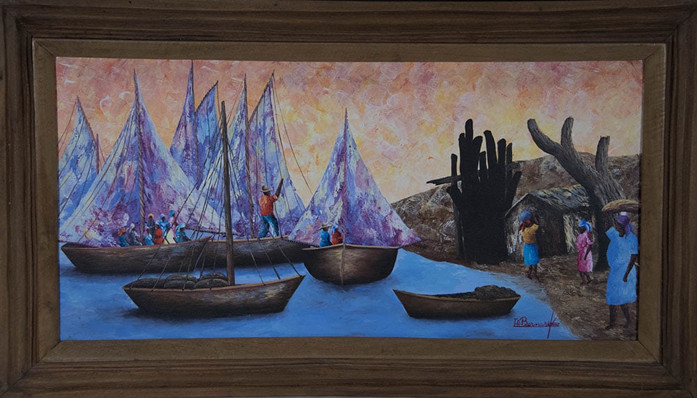 Jn. Albert Bernard Original Haitian Painting-Sailors and Their Boats: Jn. Albert Bernard Original Haitian Painting-Sailors and Their Boats Oil on Canvas FRAMED