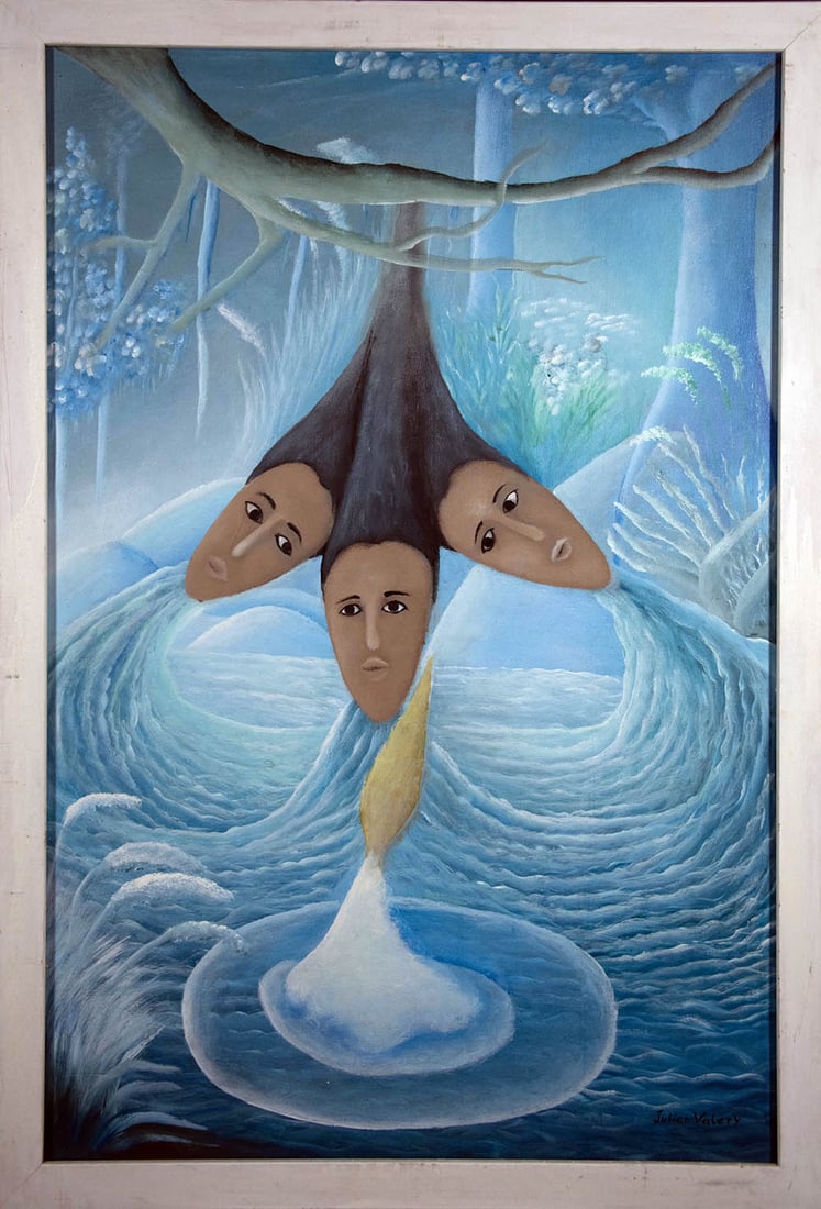 Three Heads Hanging From a Tree - Haitian Painting by Julien Valery: Three Heads Hanging From a Tree - Haitian Painting by Julien Valery Framed, Oil on Canvas FRAMED