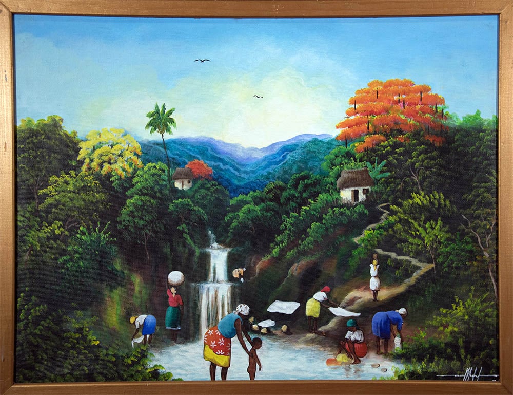 Michel Simeon Original Haitian Painting-Village Women at the River: Michel Simeon Original Haitian Painting-Village Women at the River Oil on Canvas FRAMED