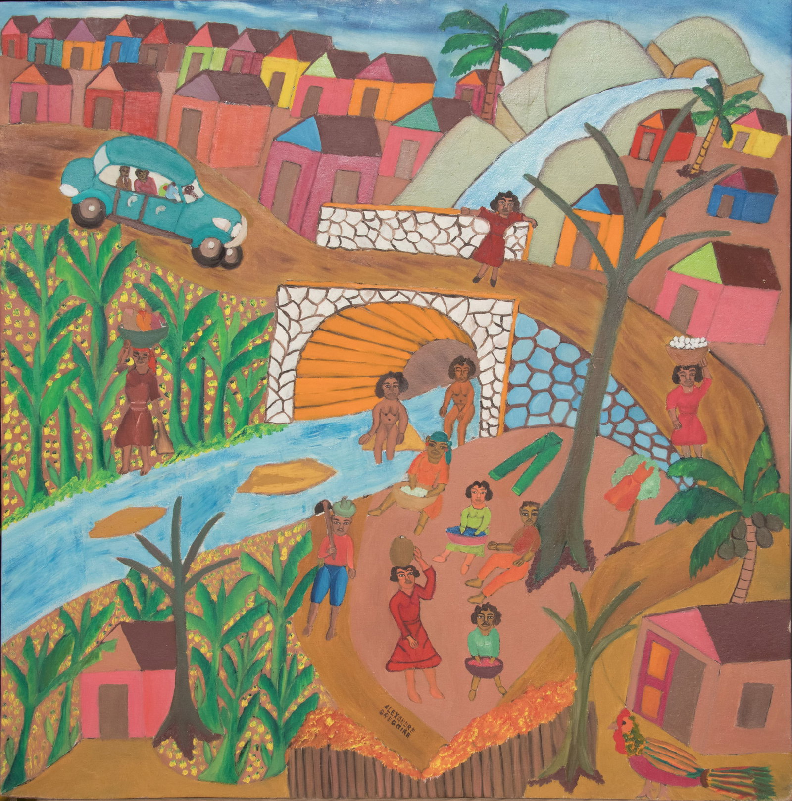 Wash Day - Haitian Painting by Alexandre Gregoire: Wash Day - Haitian Painting by Alexandre Gregoire No Frame, Oil on Masonite GMS FAVORITE