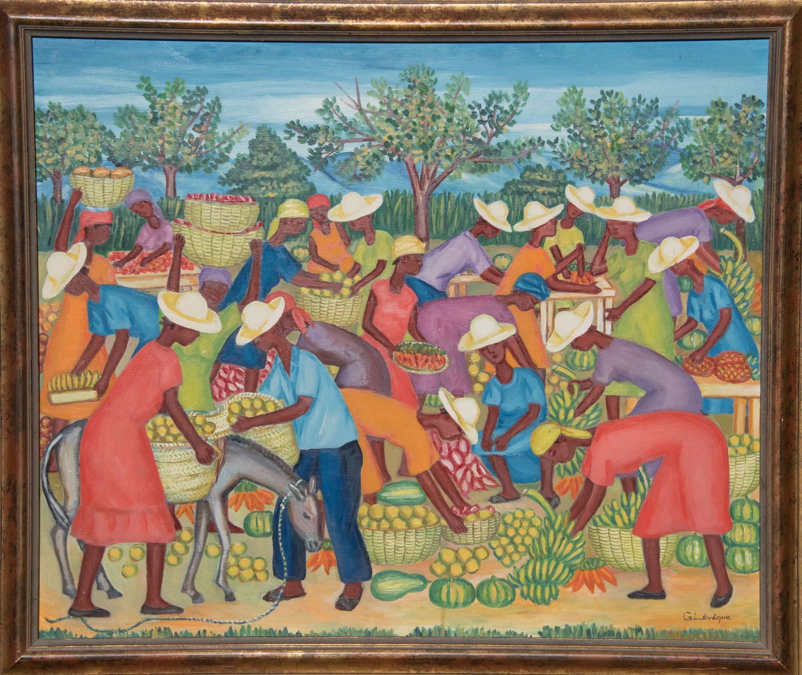 Gathering At The Market - Haitian Painting by Gabriel Leveque: Gathering At The Market - Haitian Painting by Gabriel Leveque Framed, Oil on Masonite FRAMED