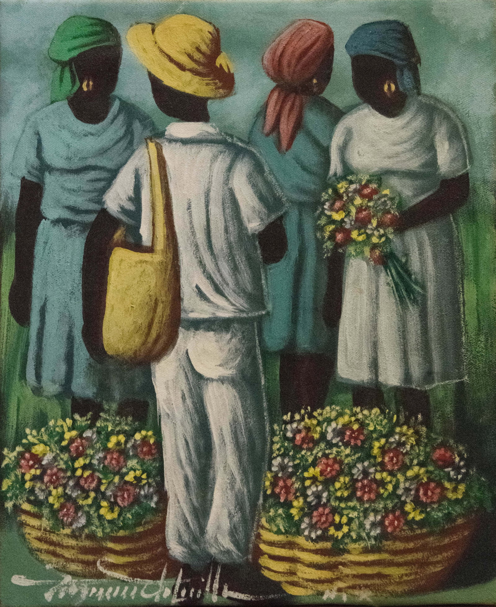 Basket of Flowers - Haitian Painting by Raymond Lafaille: Basket of Flowers - Haitian Painting by Raymond Lafaille No Frame, Stretched, Oil on Canvas