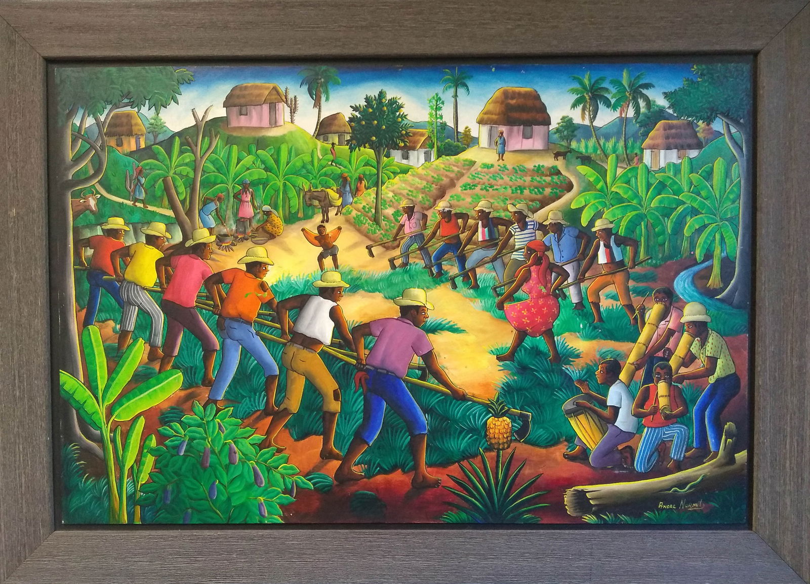 Original Haitian Painting by Andre Normil Pineapple Harvesting by Combite: Original Haitian Painting by Andre Normil Pineapple Harvesting by Combite Oil on Masonite FRAMED GMS FAVORITE