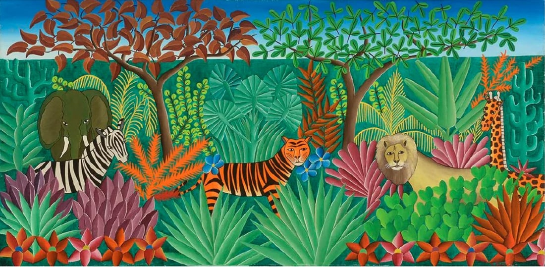 Original Haitian Painting by Gabriel Alix Jungle (GA): Original Haitian Painting by Gabriel Alix Jungle (GA)-Oil on Canvas GMS FAVORITE