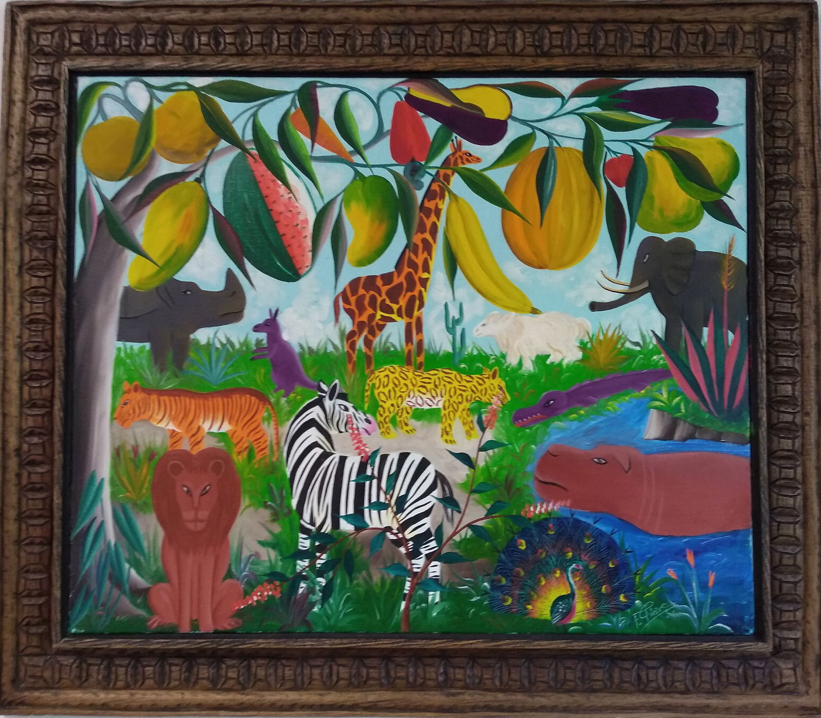 Peaceful Kingdom - Haitian Painting by Fernand Pierre: Peaceful Kingdom - Haitian Painting by Fernand Pierre Framed, Acrylic on Canvas FRAMED GMS FAVORITE