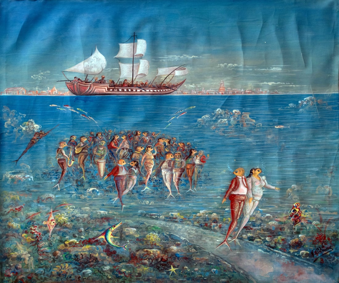 Underwater Wedding Original Haitian Painting by Andre Blaise: Underwater Wedding Original Haitian Painting by Andre Blaise acrylic on canvas No Frame Not Stretched