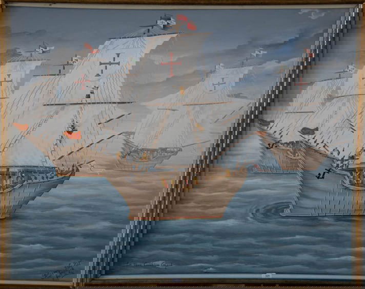 Original Haitian Painting by Bermy Dorvil: The Three Caravels of Columbus Original Haitian Painting by Bermy Dorvil Acrylic on Canvas FRAMED GMS FAVORITE