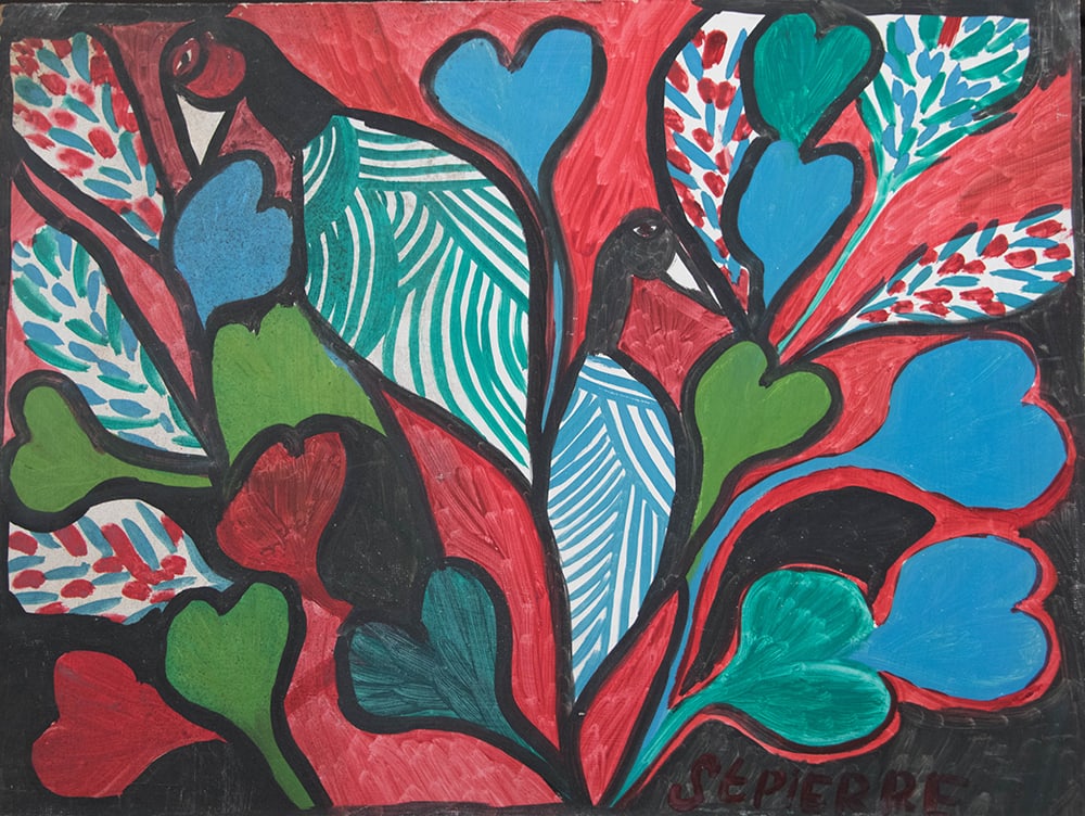 Original Haitian Painting by St.Pierre Toussaint Blue, Red and Green Hearts with Speckled Leaves: Original Haitian Painting by St.Pierre Toussaint Blue, Red and Green Hearts with Speckled Leaves Oil on Masonite