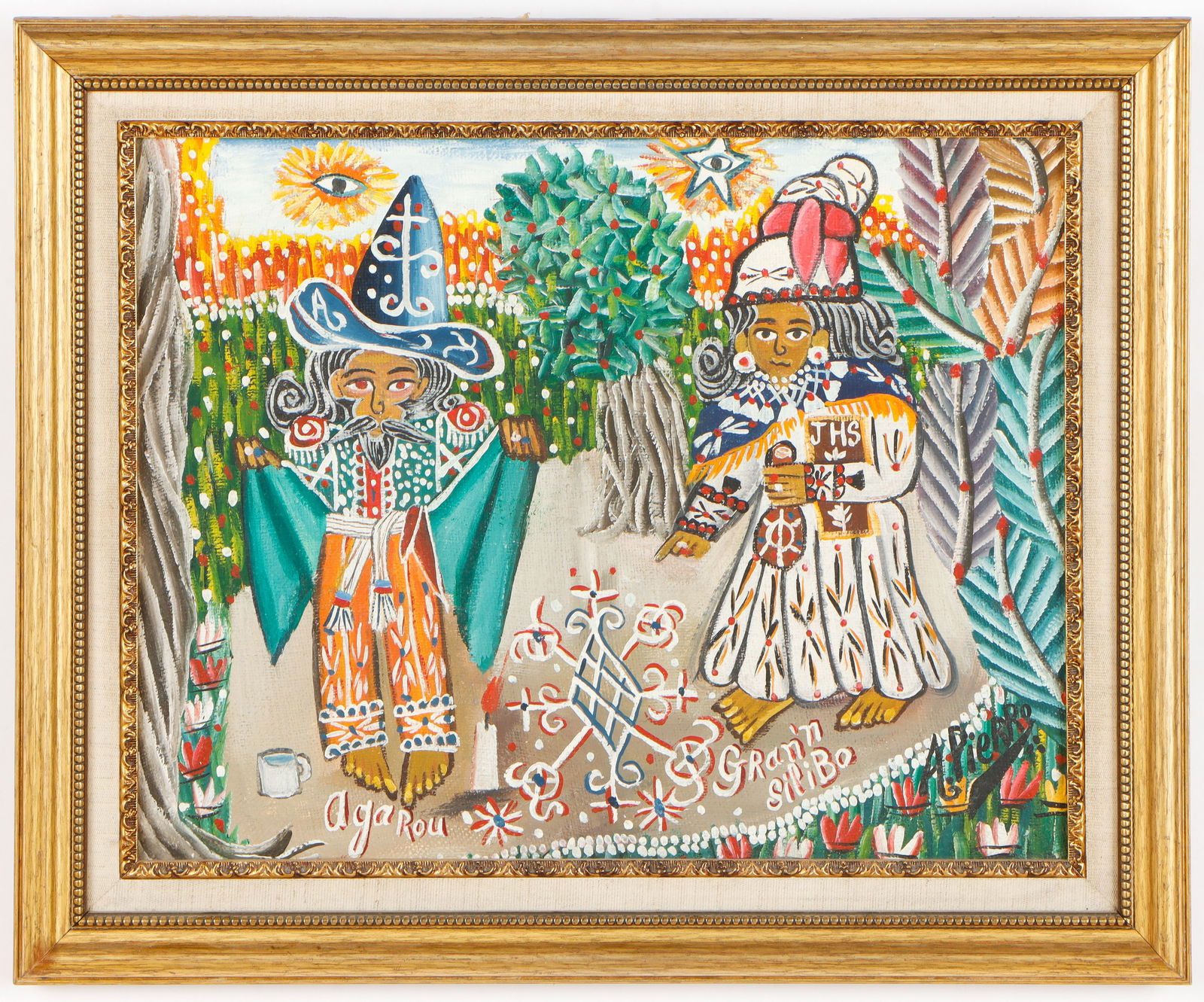 Agarou and Gran'n Silibo - Haitian Painting by Andre Pierre: Agarou and Gran'n Silibo - Haitian Painting by Andre Pierre Framed, Oil on Canvas FRAMED GMS FAVORITE