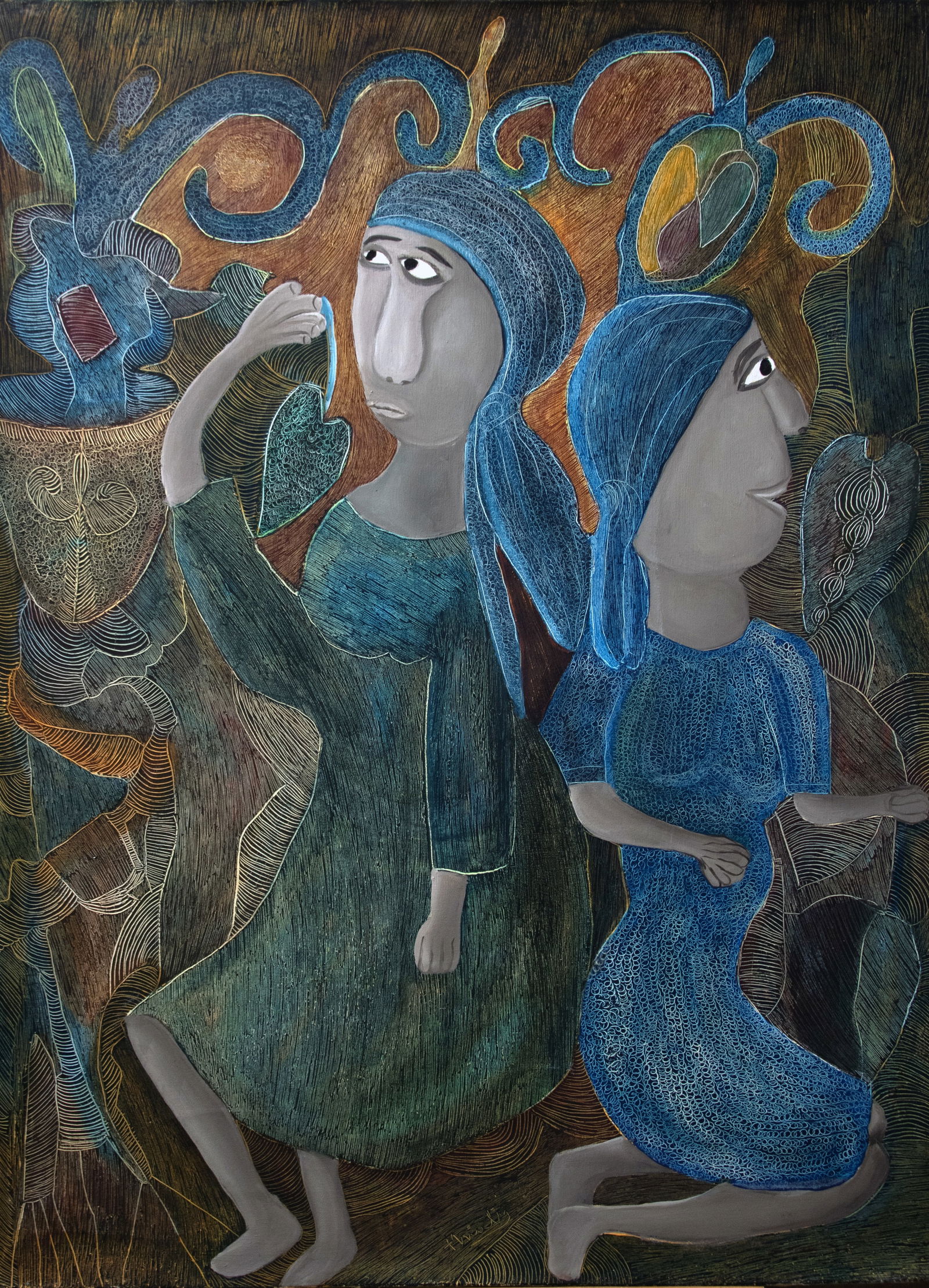 Original Haitian Painting -Ceremonie 1989 (Ladies in Blue and Green Dresses) by Ermistral Charles: Original Haitian Painting -Ceremonie 1989 (Ladies in Blue and Green Dresses) by Ermistral Charles (Thialy)