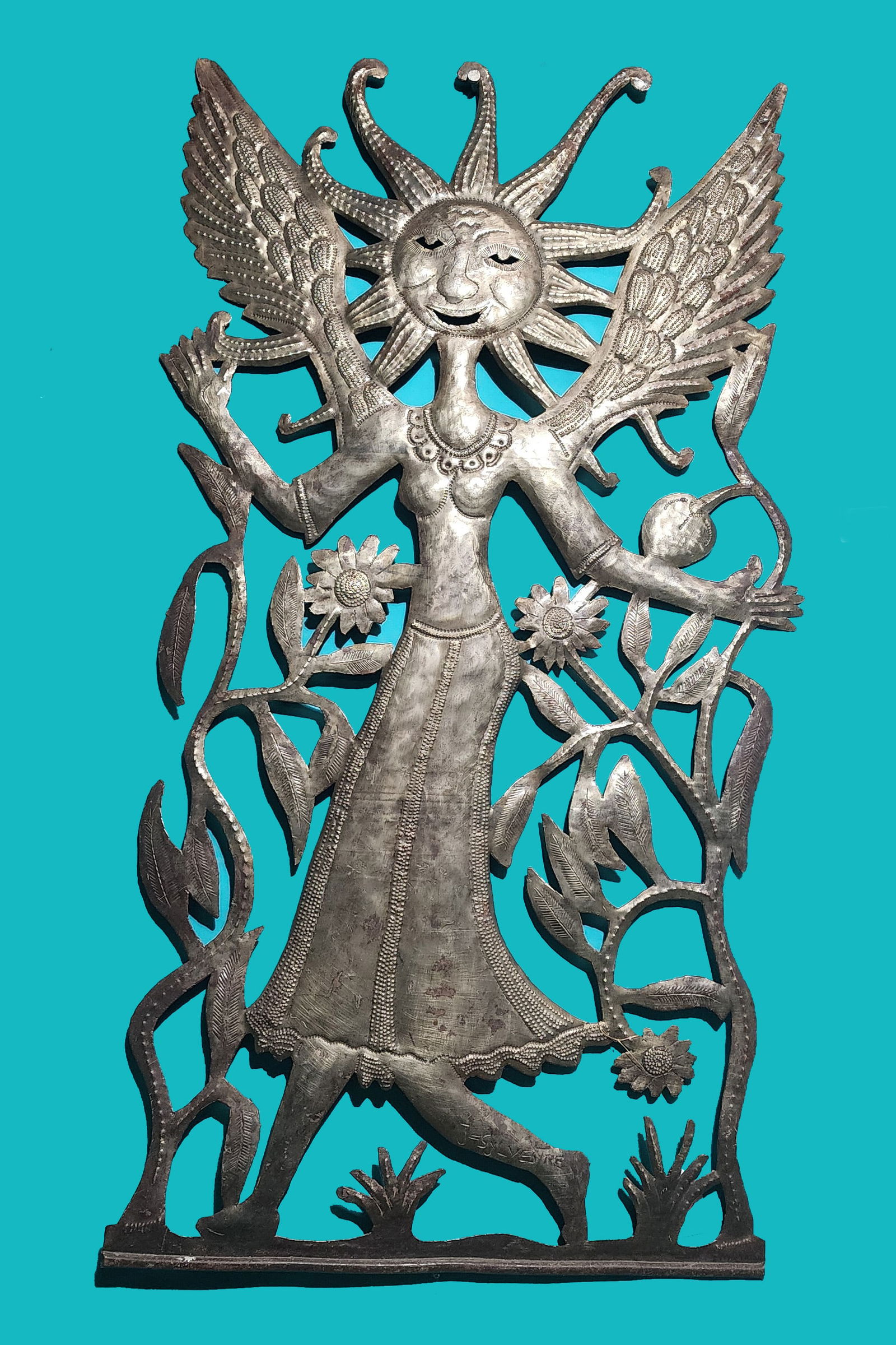 Angel With Sunny Face - Haitian Metal Sculpture by Jean Sylvestre: Angel With Sunny Face - Haitian Metal Sculpture by Jean Sylvestre Hand Carved Metal Sculpture