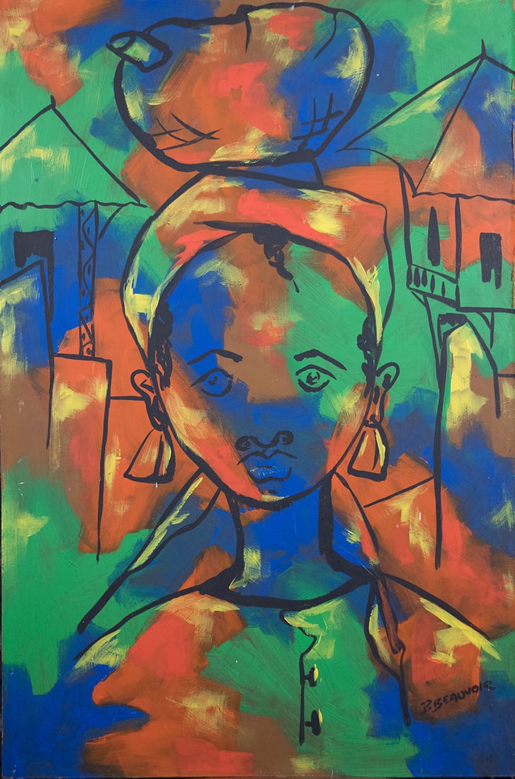 Original Haitian Painting -Lady With a Basket on Her Head by Paul Beauvoir: Original Haitian Painting -Lady With a Basket on Her Head by Paul Beauvoir-No Frame, Oil on Masonite GMS FAVORITE