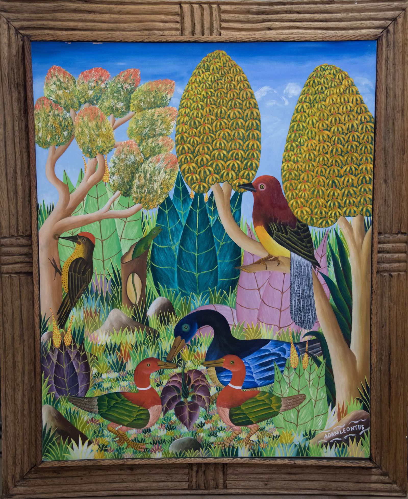 Original Haitian Painting by Adam Leontus Haitian Avian Fantasy: Original Haitian Painting by Adam Leontus Haitian Avian Fantasy-Oil on Masonite FRAMED GMS FAVORITE