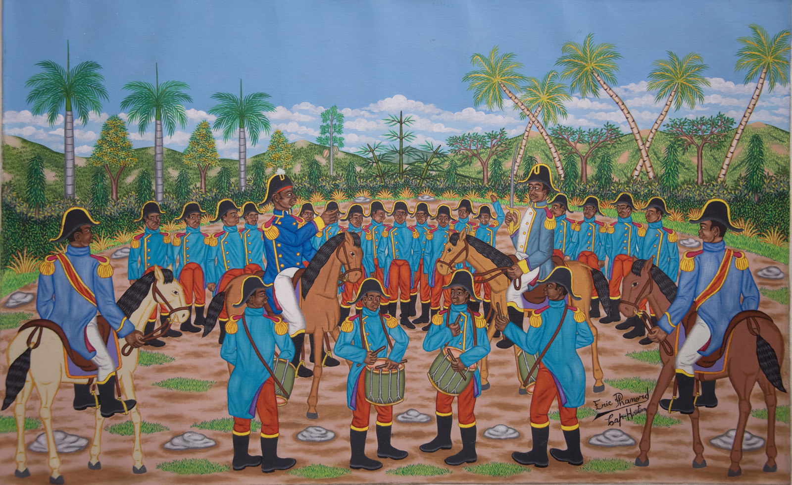 Original Haitian Painting by Eric Phanord Soldiers: Original Haitian Painting by Eric Phanord Soldiers Framed, Acrylic on Canvas GMS FAVORITE