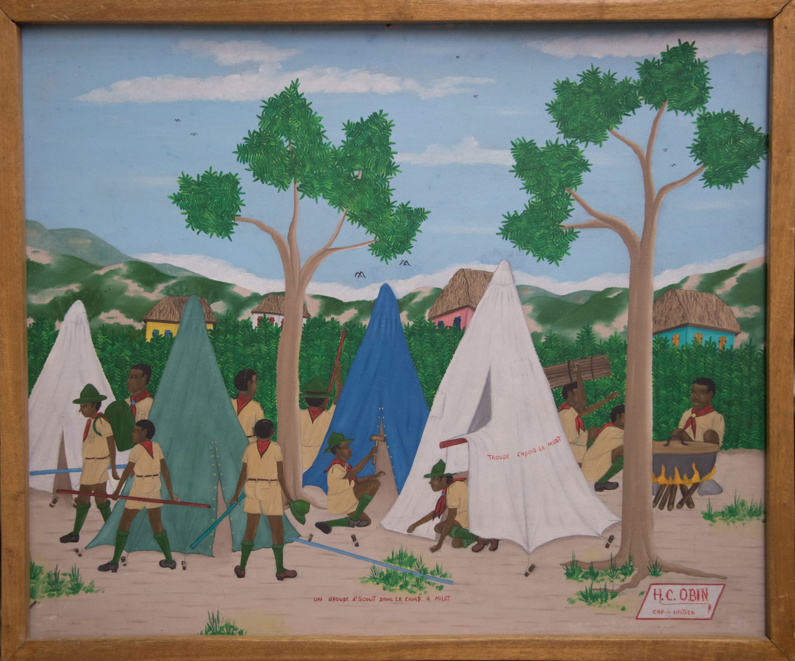 Scout Camp - Haitian Painting by Henri-Claude Obin: Scout Camp - Haitian Painting by Henri-Claude Obin Framed, Oil on Masonite FRAMED GMS FAVORITE