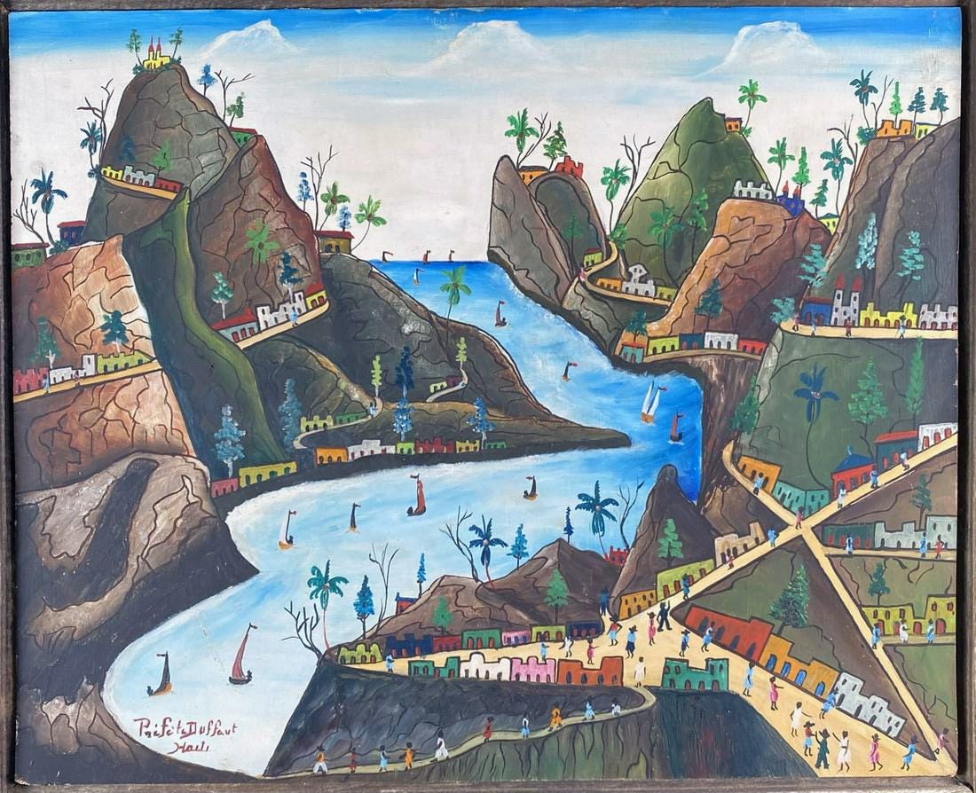River Between Mountains Original Haitian Painting by Prefete Duffaut: River Between Mountains Original Haitian Painting by Prefete Duffaut Oil on Board FRAMED GMS FAVORITE