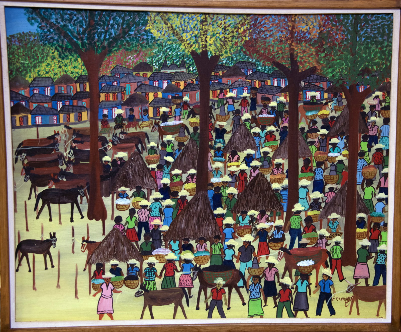 Original Haitian Painting -People In White Hats Beneath The Trees by Etienne Chavannes: Original Haitian Painting -People In White Hats Beneath The Trees by Etienne Chavannes FRAMED GMS FAVORITE