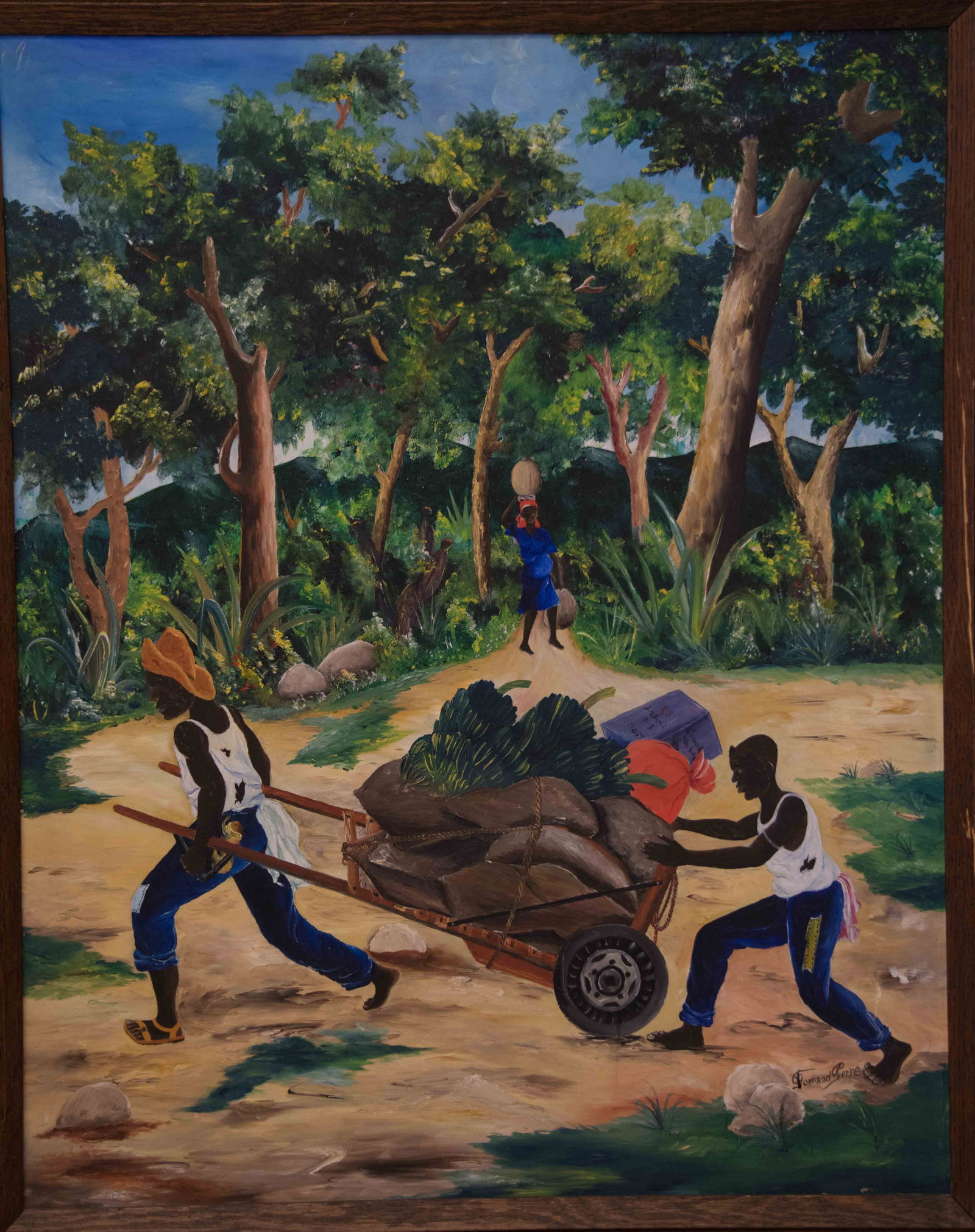 Original Haitian Painting by Fernand Pierre Gathering the Bananas: Gathering the Bananas Original Haitian Painting by Fernand Pierre Oil on Board FRAMED GMS FAVORITE