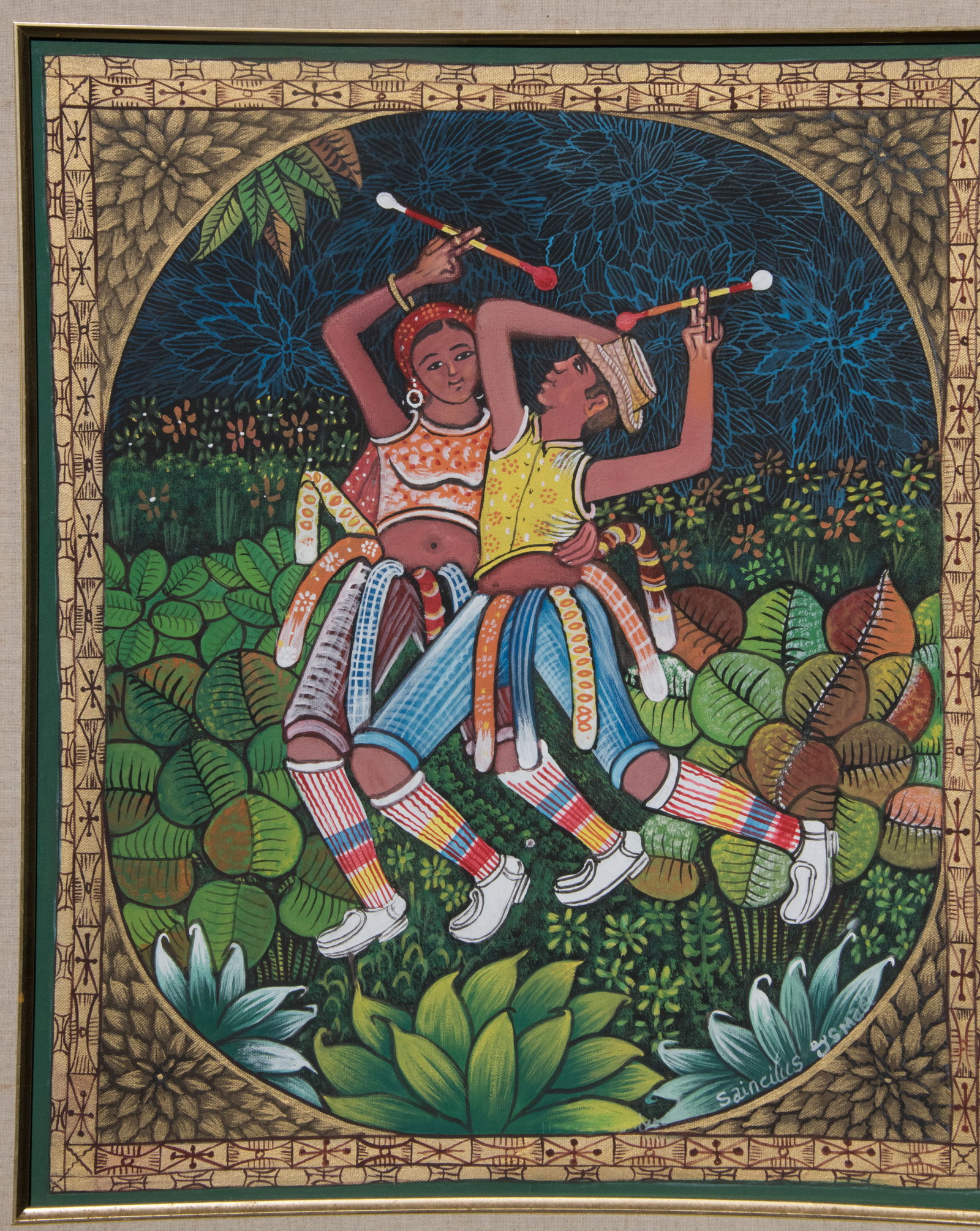 Ceremonial garb dancing surrounded by floral accents Original Haitian Painting by Saincilus Ismael: Ceremonial garb dancing surrounded by floral accents Original Haitian Painting by Saincilus Ismael Oil on Canvas FRAMED