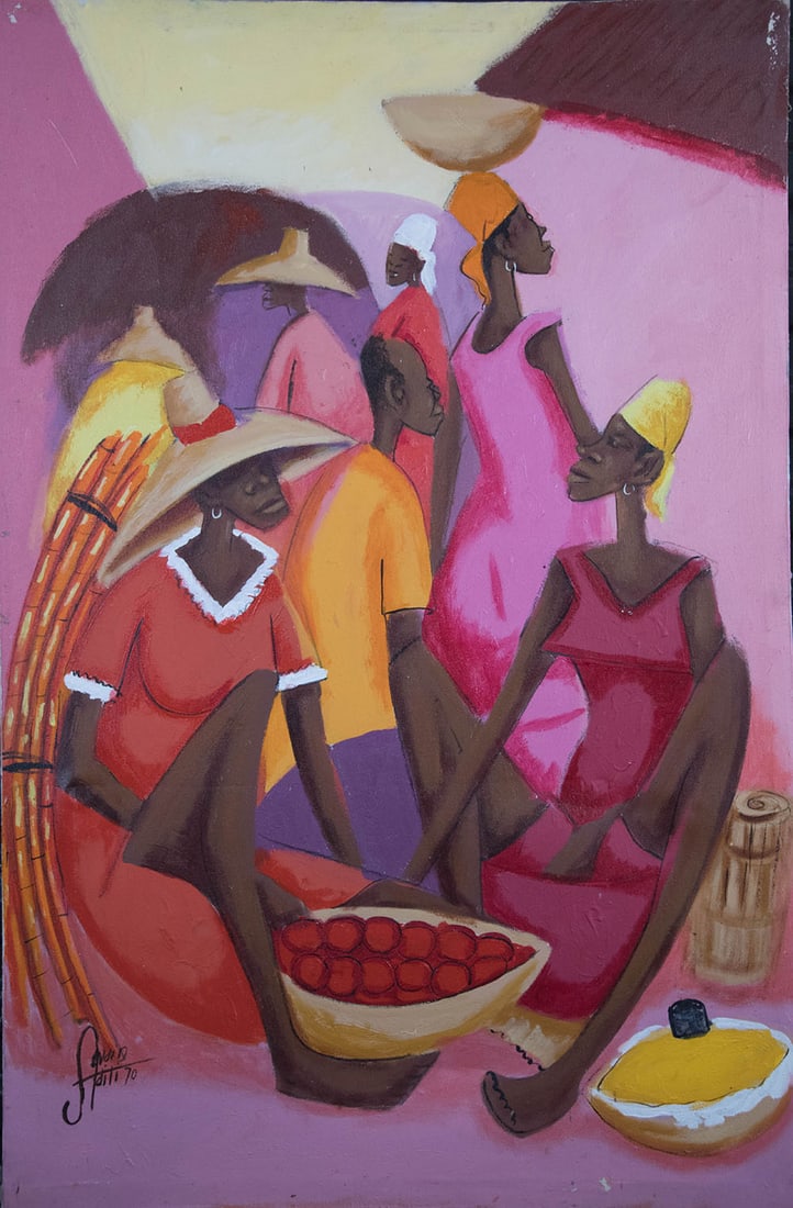 Ladies with a Bowl of Red Fruit - Haitian Painting by Petion Savain: Ladies with a Bowl of Red Fruit - Haitian Painting by Petion Savain No Frame, Stretched Minor paint ware., Oil on Canvas GMS FAVORITE