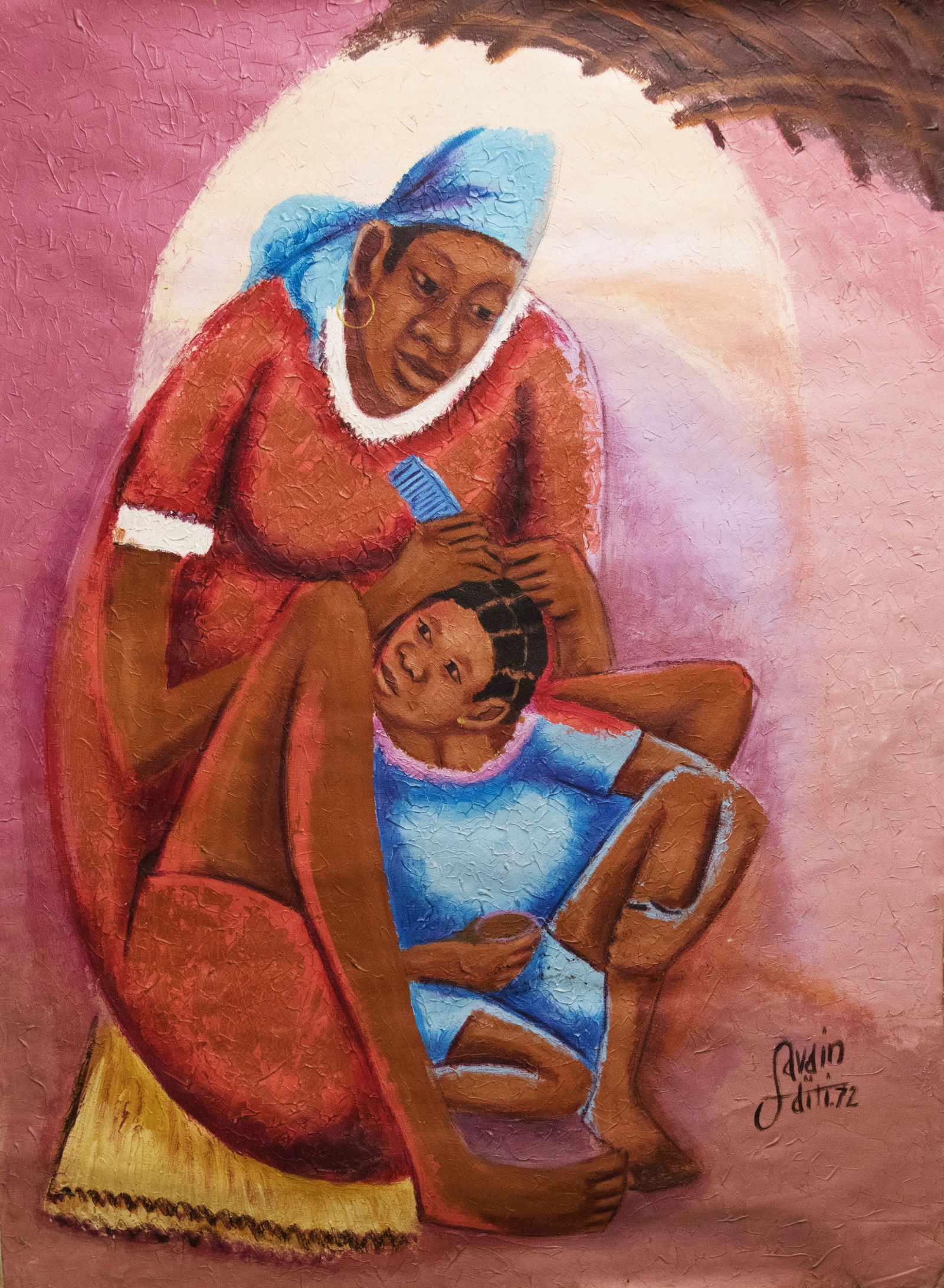 Lady in Red with Child in Blue - Haitian Painting by Petion Savain: Lady in Red with Child in Blue - Haitian Painting by Petion Savain No Frame, Not Stretched, Oil on Canvas