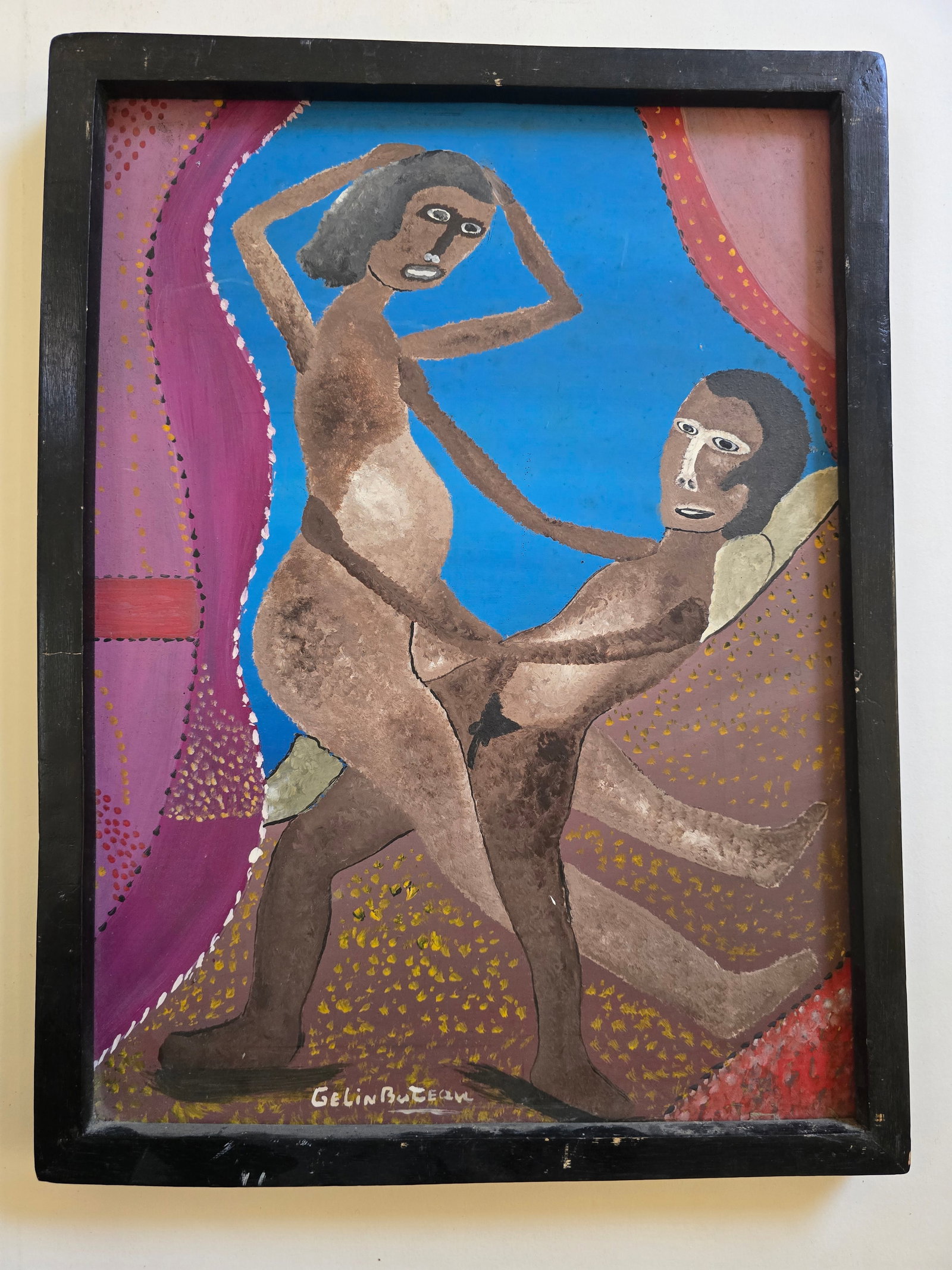 Gélin Buteau (Haitian, 1954–2000) Untitled (Intimate Scene / Erotic Encounter): Gélin Buteau (Haitian, 1954–2000)Untitled (Intimate Scene / Erotic Encounter)Acrylic on board, signed lower center “Gelin Buteau”17" x 13" (43.2 x 33 cm) framedThis dynamic and sensual comp