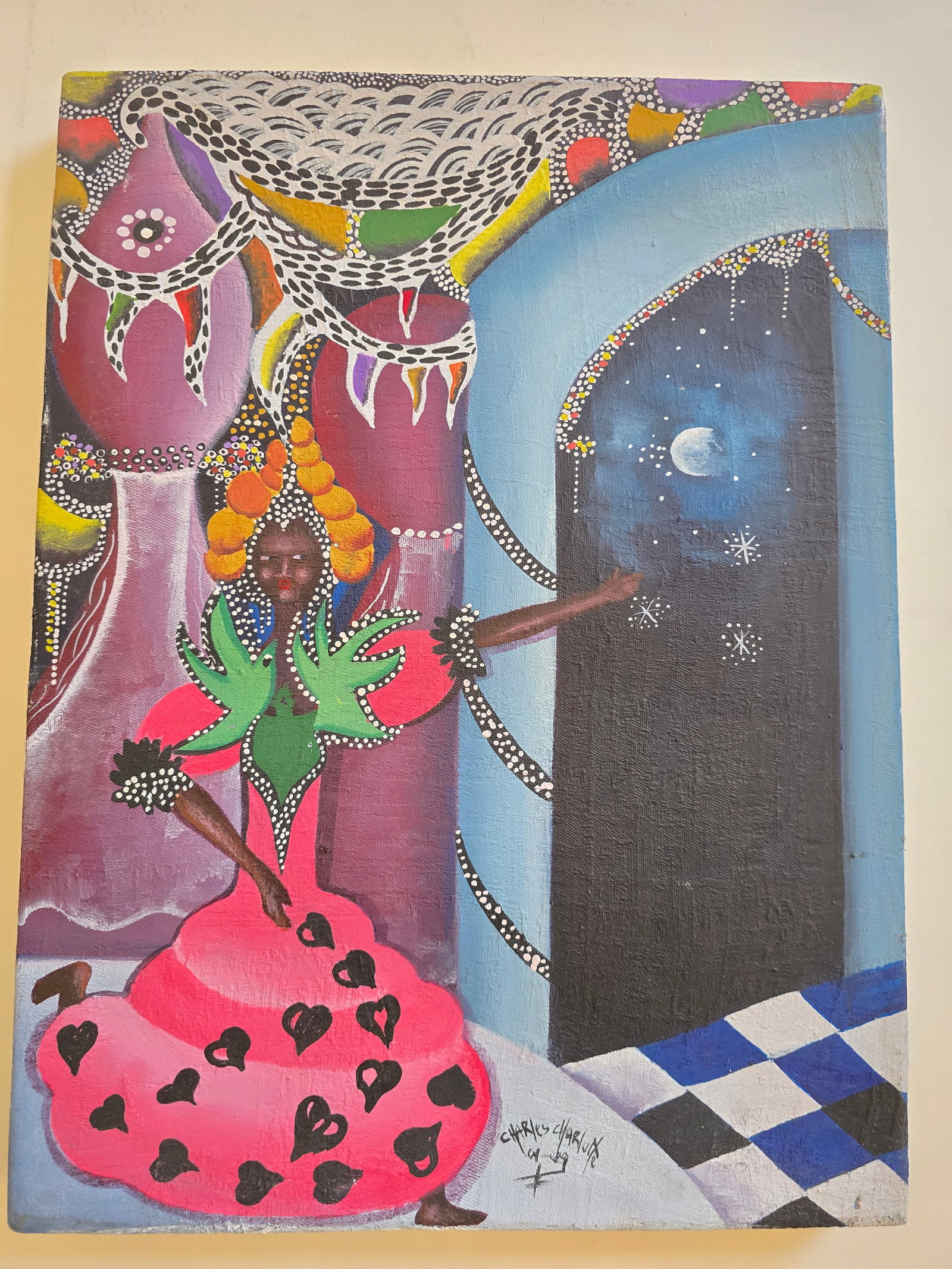 Surreal Haitian Scene by Charles Charluite: Charles Charluite (Haitian, 20th/21st century)Untitled (Celestial Dancer with Heart Gourd and Night Sky)Signed lower right: Charles CharluiteVibrant and highly imaginative original painting depicting