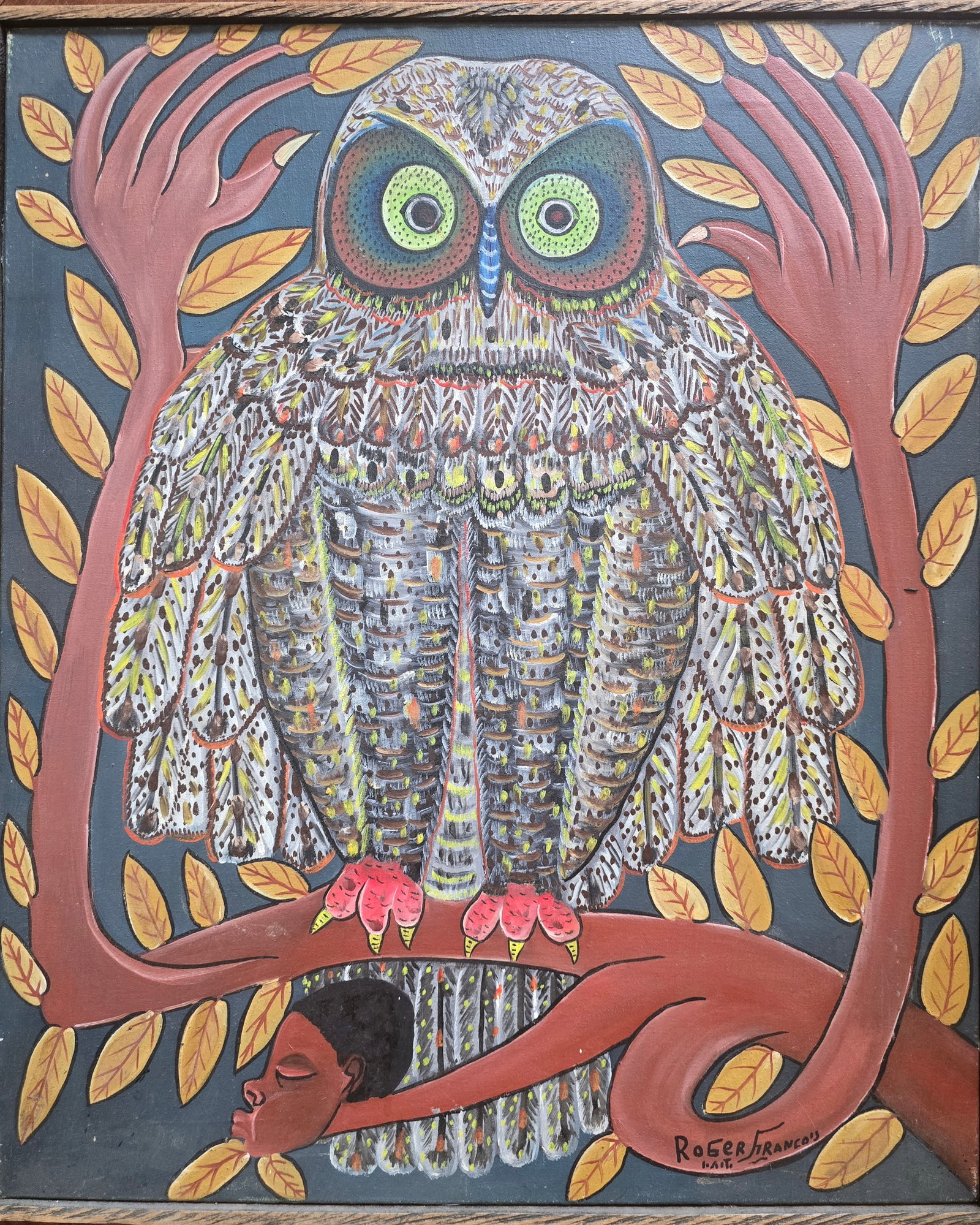 Symbolic Owl Painting by Roger Francois: Roger Francois (Haitian, 1928-2013)Untitled (Owl with Human Figure)Signed lower right: Roger Francois HaitiPowerful and intricately detailed original painting featuring a majestic, large-eyed owl perc