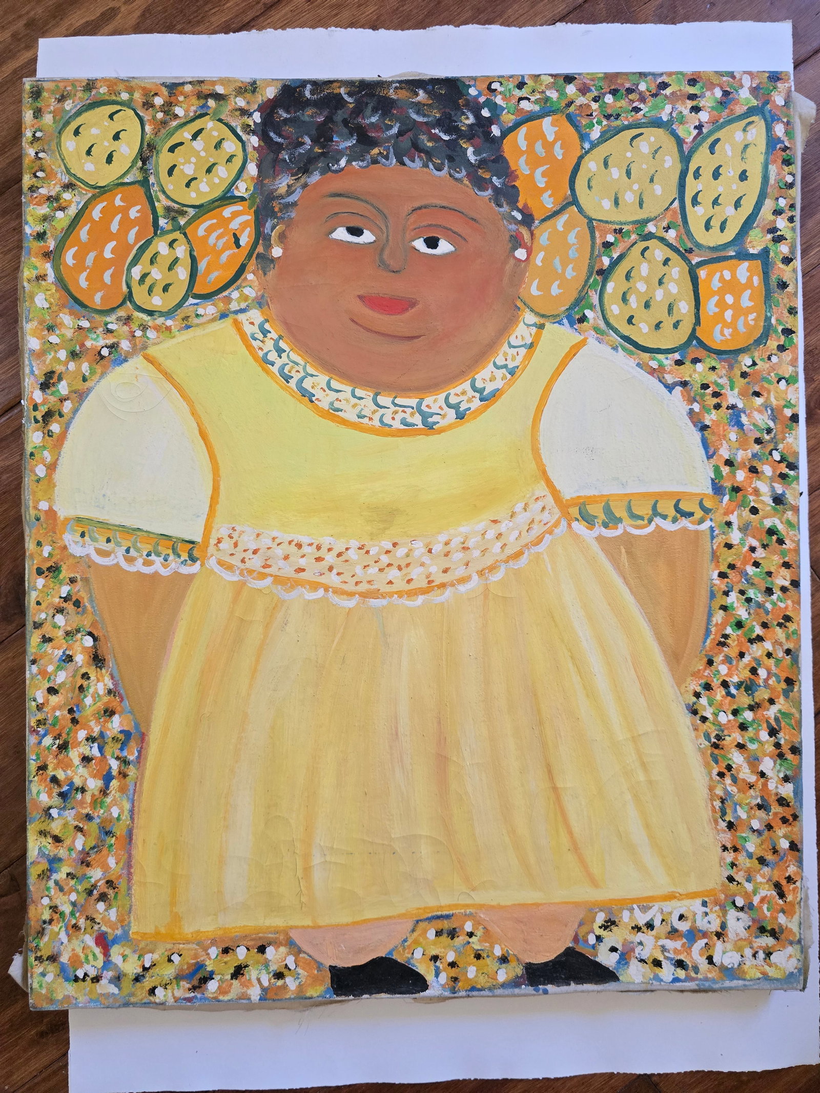 Portrait of a Young Girl with Oranges by Victor R. St. Clair: Charming and colorful naïve-style portrait of a young dark-skinned girl with a joyful expression and large expressive eyes. She wears a bright yellow dress with white and blue lace trim at the neckli