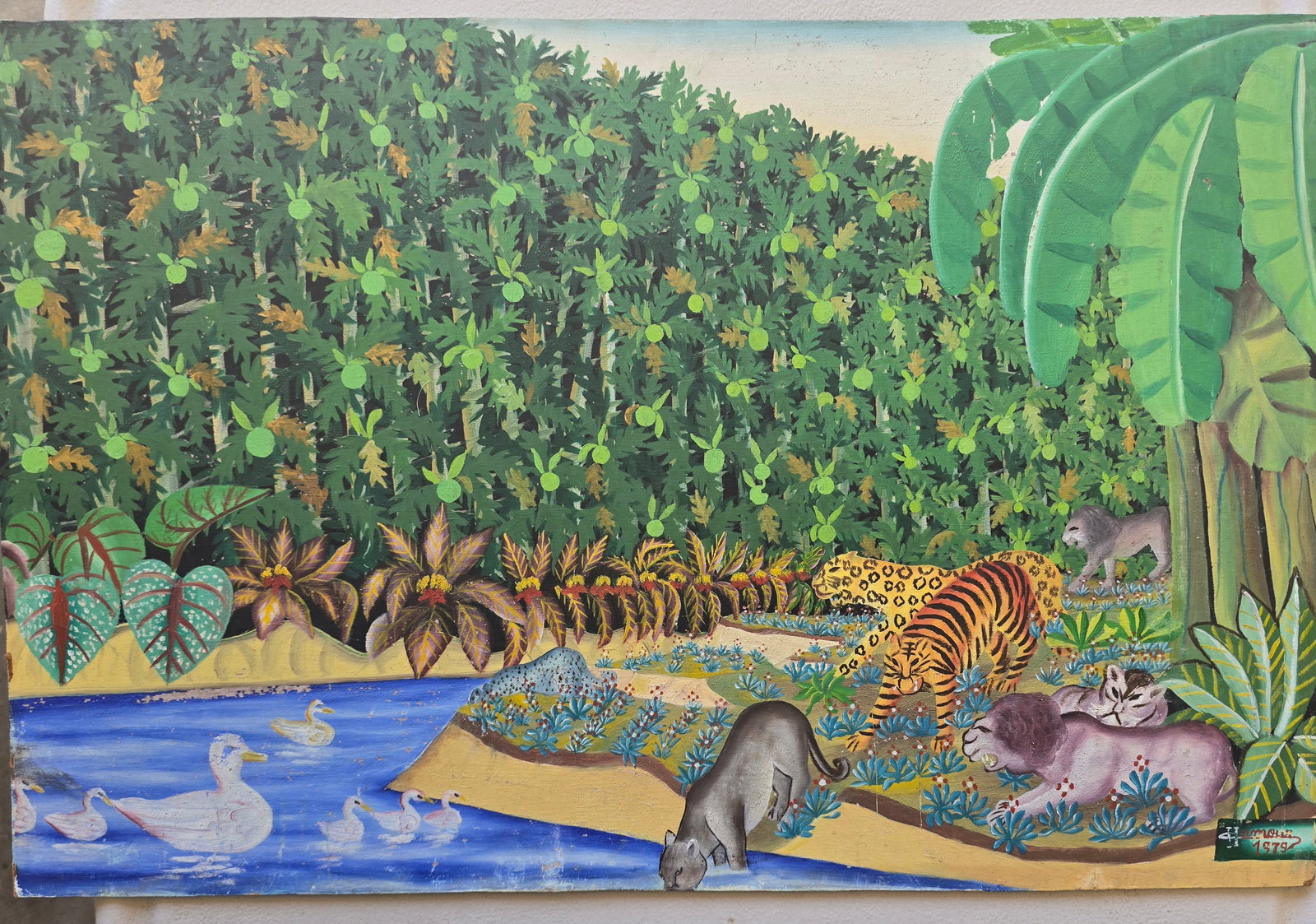 Underwater Fantasy Scene by J.D. Raymond: Whimsical and colorful original painting from 1966 depicting an underwater scene filled with a variety of stylized tropical fish in vibrant shades of pink, orange, blue, yellow, and green. A large, pr